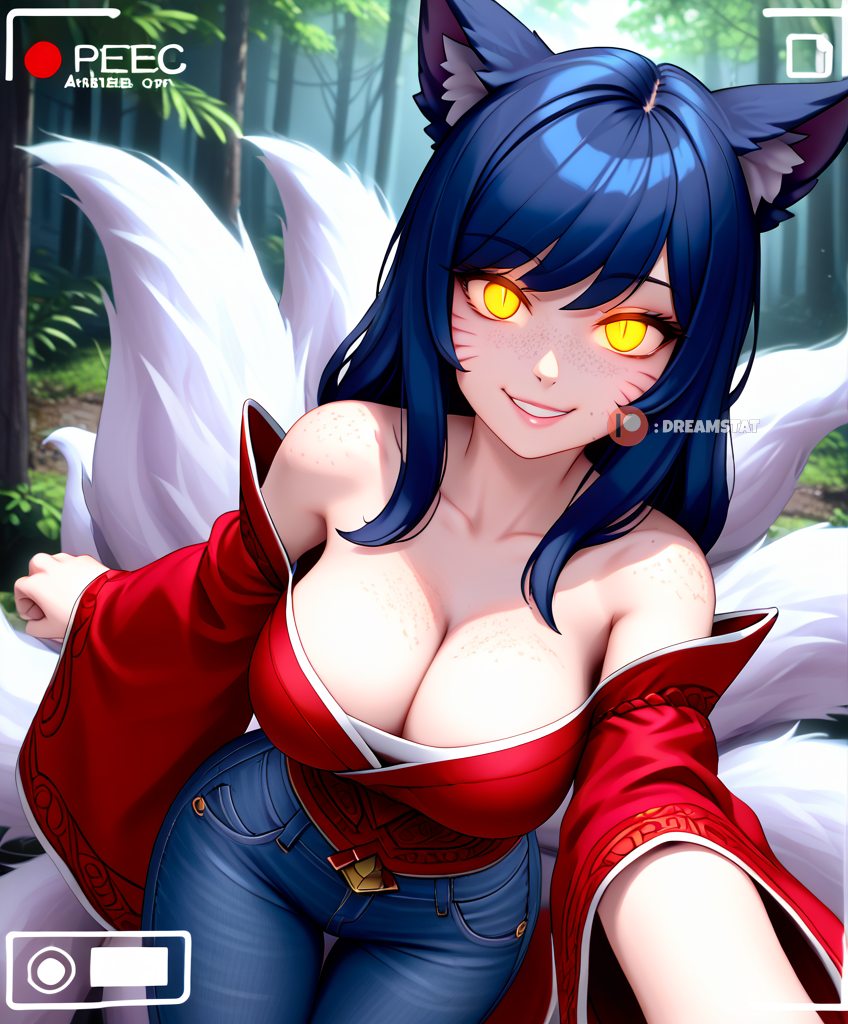 ahri ahri_\(league_of_legends\) ai_assisted ai_generated animal_ears artist_request bangs bare_shoulders blue_pants breasts cleavage collarbone denim facial_mark female fox_ears fox_girl fox_tail freckles glowing glowing_eyes korean_clothes large_breasts league_of_legends long_hair looking_at_viewer multiple_tails off_shoulder outdoors pants parted_lips selfie slit_pupils smile solo tail viewfinder whisker_markings wide_sleeves yellow_eyes