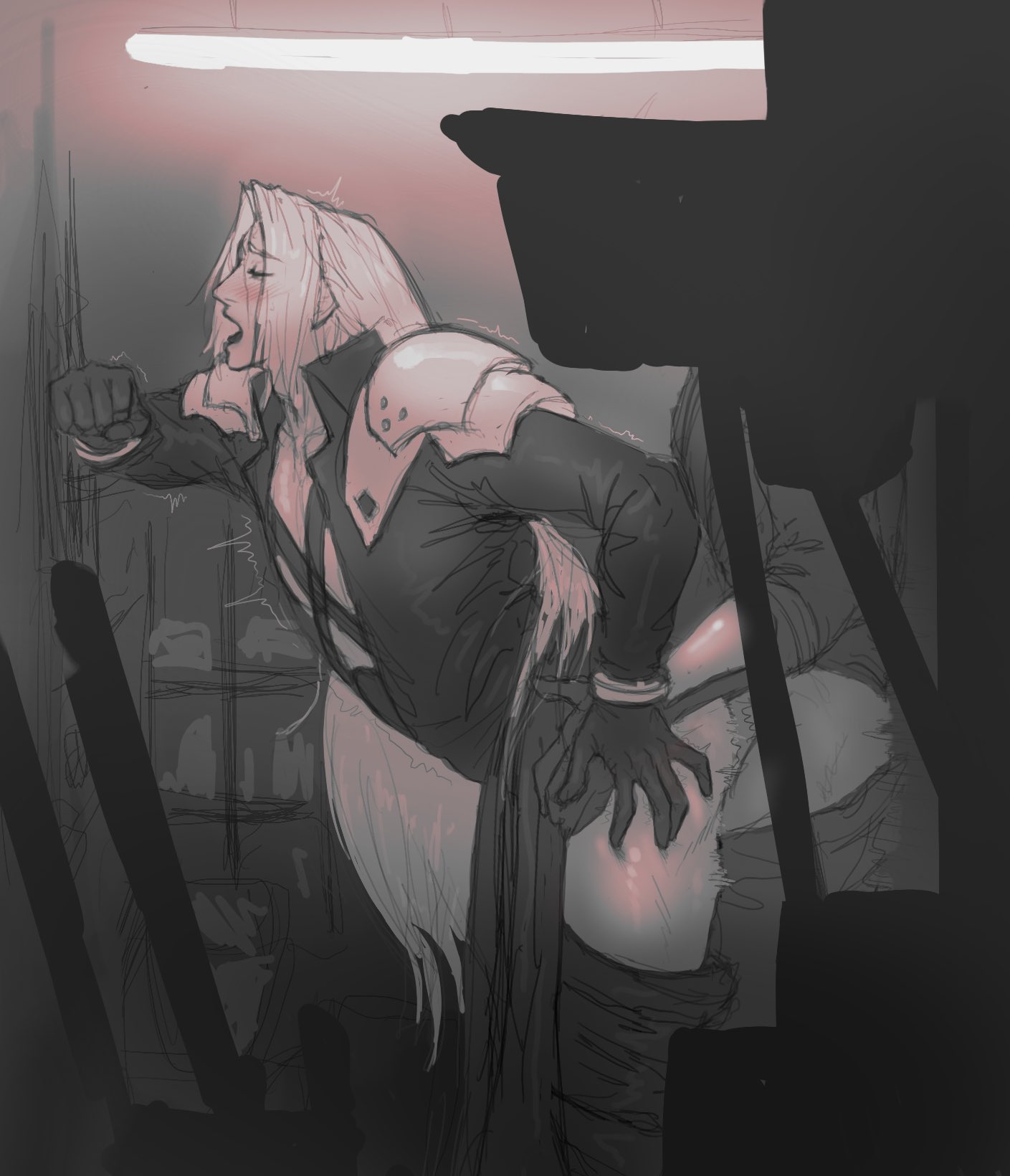 2boys, against wall, anal, anal sex, ass, ass grab, black clothing, black gloves, blush, closet, color, doggy style, faceless character, faceless male, femboy, final fantasy, final fantasy vii, frnbenises, fully clothed, gay, gloves, half-closed eyes, hand on ass, leaning, leaning forward, limited palette, long hair, male, male focus, male only, male/male, moaning, motion lines, open mouth, pants down, pleasure face, sephiroth, sex, silver hair, sketch, square enix, submissive, submissive male, tagme, yaoi