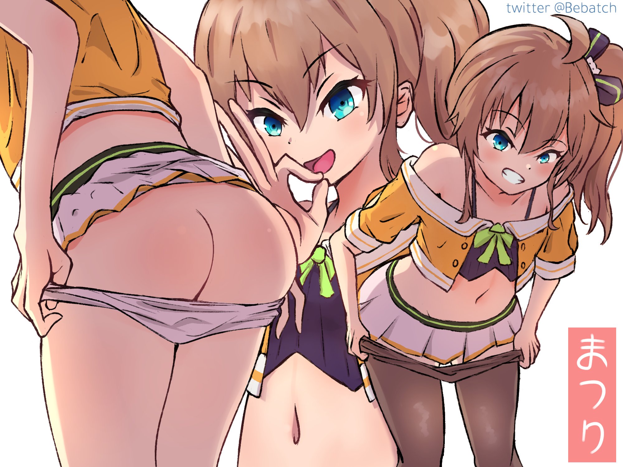 ass, ass cleavage, ass crack, bebatch, blue eyes, bow, butt crack, exposed ass, fellatio gesture, flat chest, hololive, hololive gen 1, hololive japan, legwear, midriff, natsuiro matsuri, suggestive gesture, virtual youtuber