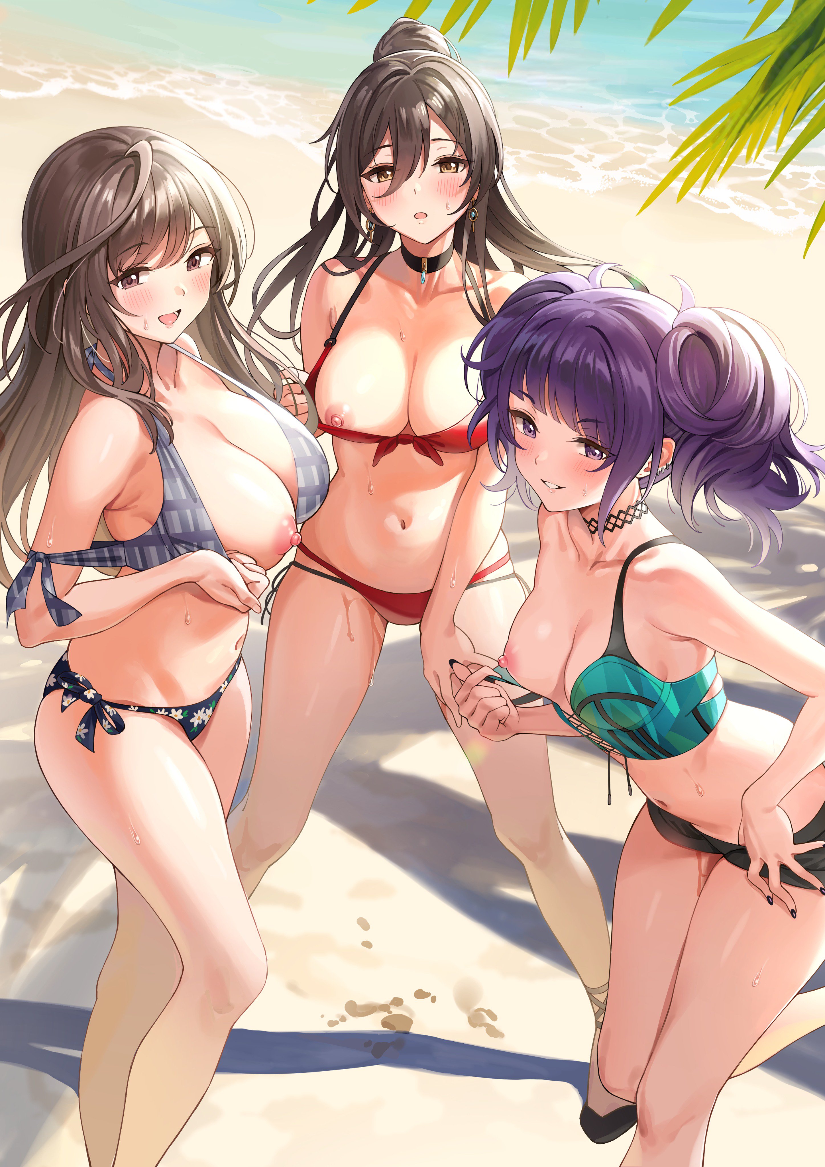 3girls, ame (uten cancel), beach, bikini, blush, breasts, breasts out, female, female only, idolmaster, idolmaster shiny colors, looking at viewer, multiple females, multiple girls, nipples, shirase sakuya, tagme, tanaka mamimi, tsukioka kogane