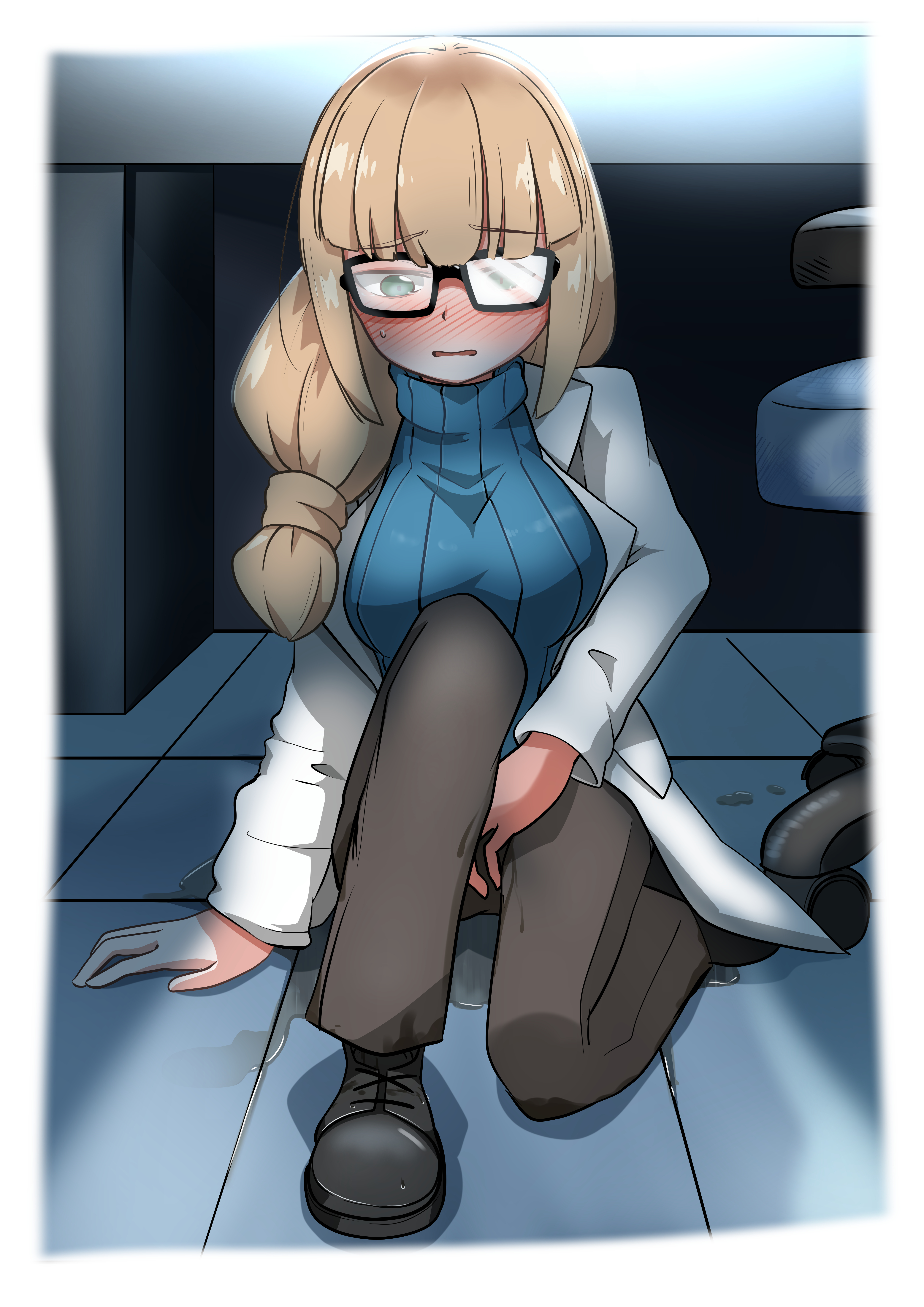 1girls, 2d, absurdres, arm at side, between legs, black shoes, black-framed eyewear, blonde hair, blue sweater, blush, border, breasts, chair, coat, digital media, embarrassed, female, female only, glasses, green eyes, grey pants, hair over shoulder, hand between legs, hand between own legs, hand on ground, have to pee, highres, indoors, knee up, labcoat, long hair, looking down, medium breasts, mizuumi (expanse lake), nintendo, nose blush, office chair, oleana (pokemon), on floor, open clothes, open coat, open mouth, pants, peeing, peeing self, pokemon, pokemon: twilight wings, puddle, raised eyebrows, ribbed sweater, shoes, sidelocks, sitting, solo, sweat, sweater, swivel chair, tears, tile floor, tiles, turtleneck, turtleneck sweater, urine, white border, white coat