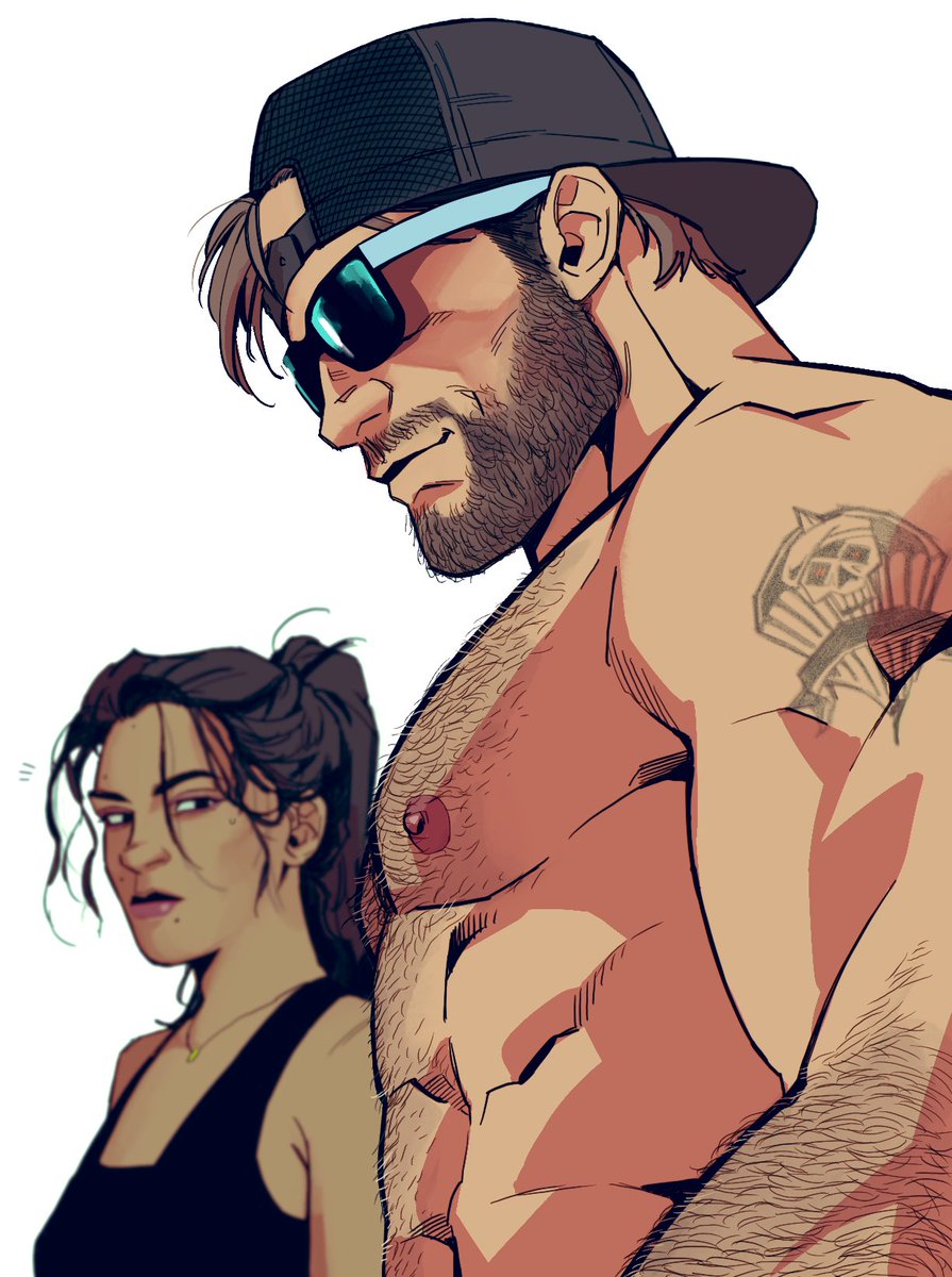 backwards_baseball_cap beard big_pecs bonjourdraws female girl_staring_at_guy's_chest grand_theft_auto grand_theft_auto_vi hairy hairy_chest hairy_male jason_duval jason_duval_(gta_vi) lucia_caminos male male_focus meme muscular muscular_male sunglasses tattoo
