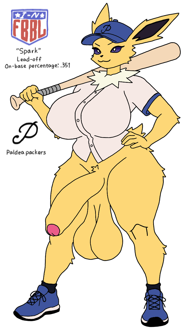 1futa, anthro, anthro only, ass, balls, baseball bat, baseball cap, baseball uniform, big ass, big balls, big penis, breasts, character sheet, clothing, curvy, eeveelution, erect penis, erection, fat penis, foreskin, furry, furry only, futa only, futanari, huge balls, huge breasts, huge cock, intersex, jolteon, noeropav, oc, original character, penis, pokemon, pokemon (species), self upload, shoes, solo, solo futa, spark (noeropav), standing, testicles, text, thick, thick ass, thick thighs, uncircumcised