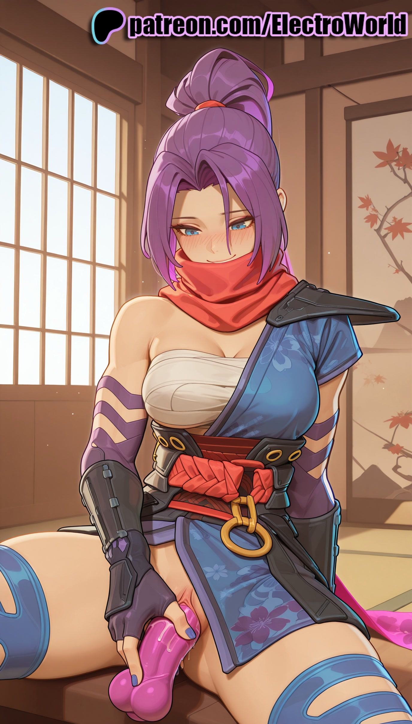 1girls, 2025, ai generated, artist name, blue eyes, blush, breasts, bust, chest, dildo, electroworld, female, fingerless gloves, hi res, high quality, high resolution, highres, japanese clothes, kimono, legs apart, legs spread, marvel, marvel rivals, masturbation, nail polish, ninja, obi, object insertion, open legs, patreon, patreon username, psylocke, psylocke (marvel rivals), purple hair, pussy, red scarf, sash, scarf, sex toy, shouji, solo female, splayed legs, spread legs, stable diffusion, vaginal penetration, vibrator, watermark
