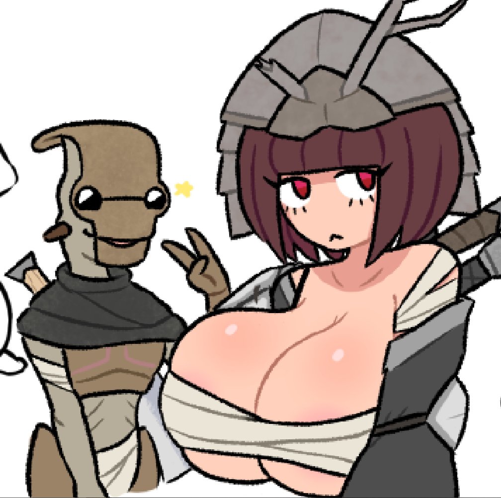 1boy 1girls 2d 2d_(artwork) 2d_artwork alien areolae areolae_peeking bandage bandages bandages_around_breasts big_breasts breasts breasts_bigger_than_head brown_hair brown_hair_female brunette_female brunette_hair cleavage deep_cleavage female headgear headwear helmet hira.shotgun huge_breasts kenshi large_breasts light-skinned_female light_skin male original_character red_eyes simple_background top_heavy unique_style voluptuous voluptuous_female weapons white_background