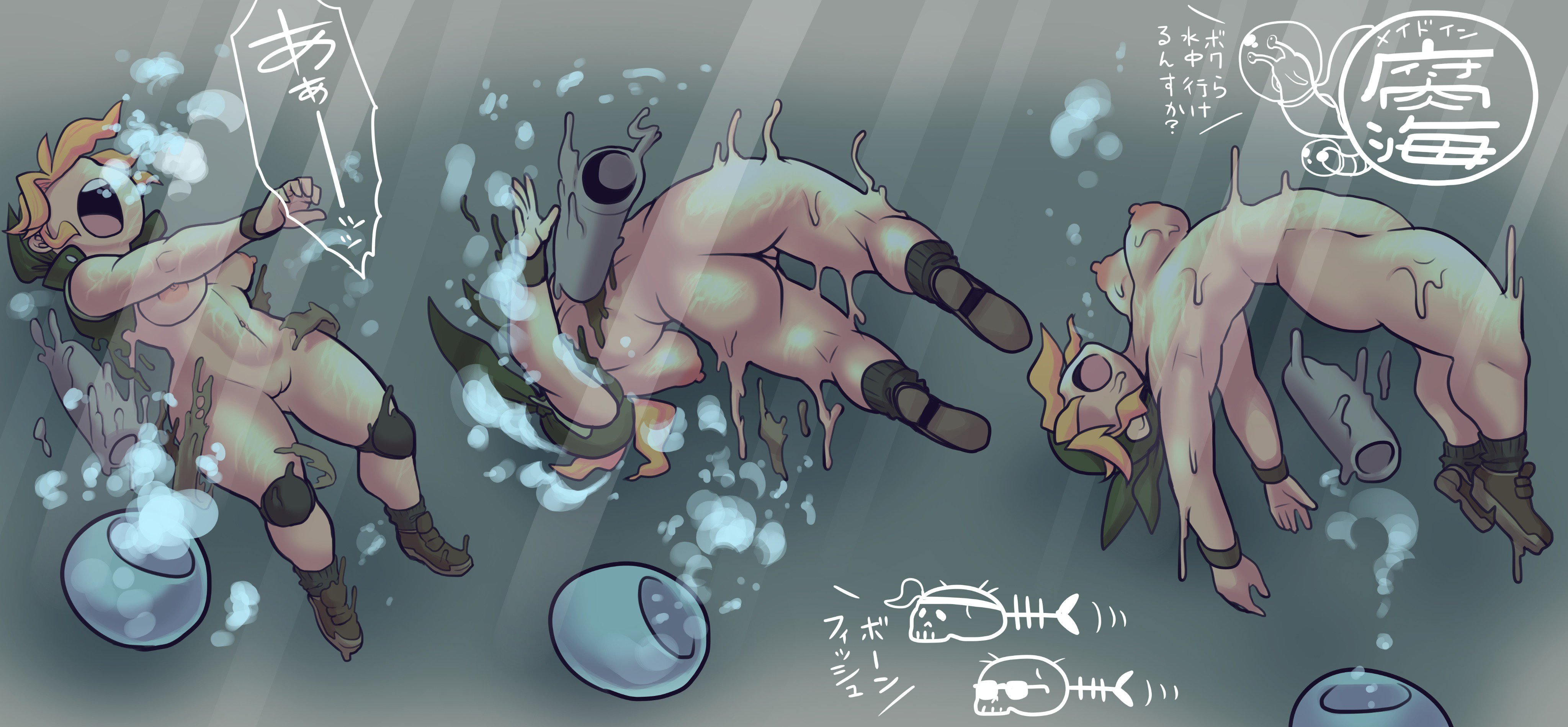 absurdres, blonde hair, breasts, closed eyes, drowning, eri kasamoto, female, melting clothes, metal slug, minami aomori, nipples, orange hair, pussy, torn clothes, underwater