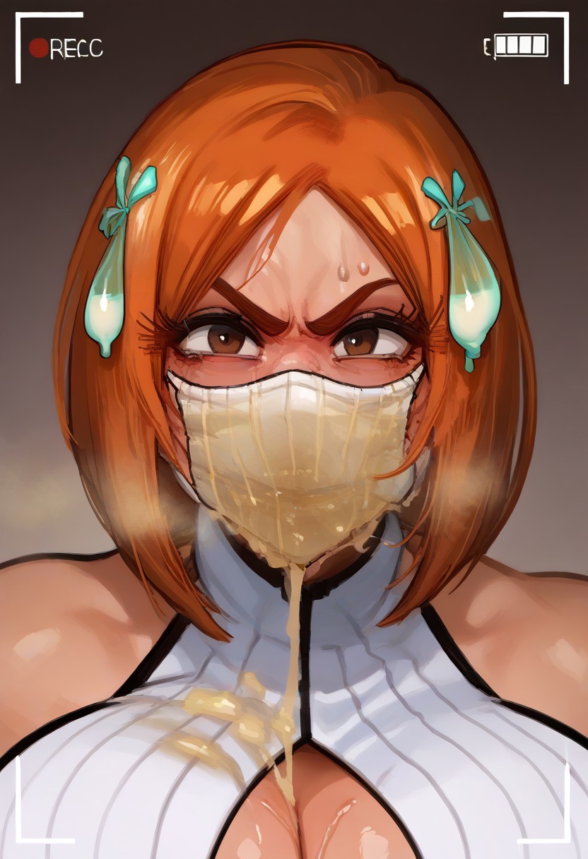 1girls, ai generated, angry, bleach, breasts, bukkake, cleavage, cleavage cutout, condom, condom balloon, condom ornament, cum in mask, cum on breasts, cum on face, cum on mask, cum under clothes, excessive cum, facemask, female, female only, huge breasts, inoue orihime, light skin, light-skinned female, pobodyznerf, recording, recording video, smell, solo, tagme, thick cum, used condom, wearing condom
