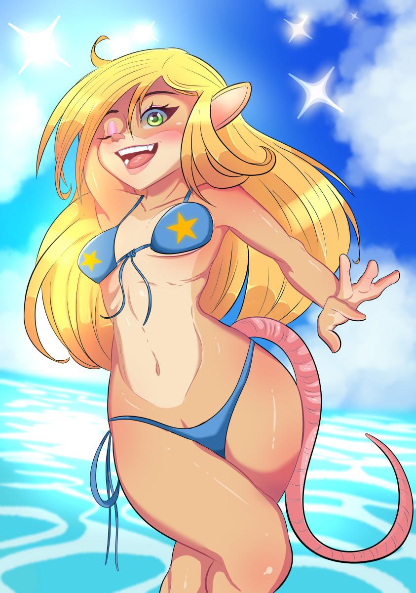 1girls anthro beach bikini blonde_hair crash_(series) crash_bandicoot_(series) crash_team_racing crash_team_racing_nitro-fueled eyeshadow female female_only front-tie_bikini green_eyes kibo_theguardians lipstick long_hair makeup mammal medium_breasts navel o'possum pasadena_o'possum pointy_chin sea side-tie_bikini solo swimsuit thick_thighs wink winking_at_viewer