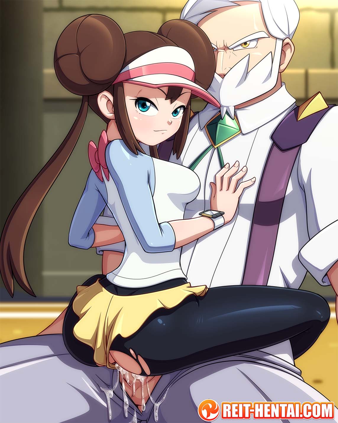 1boy 1girls age_difference blue_eyes brown_hair clothed clothed_sex cowgirl_position cum cum_in_pussy cum_inside drayden female from_behind looking_at_viewer old_man older_male older_man_and_teenage_girl pokemon pokemon_bw pokemon_bw2 reit rosa_(pokemon) team_pokemon teenage_girl torn_clothes torn_pantyhose twintails vaginal_penetration vaginal_sex watermark white_hair younger_female