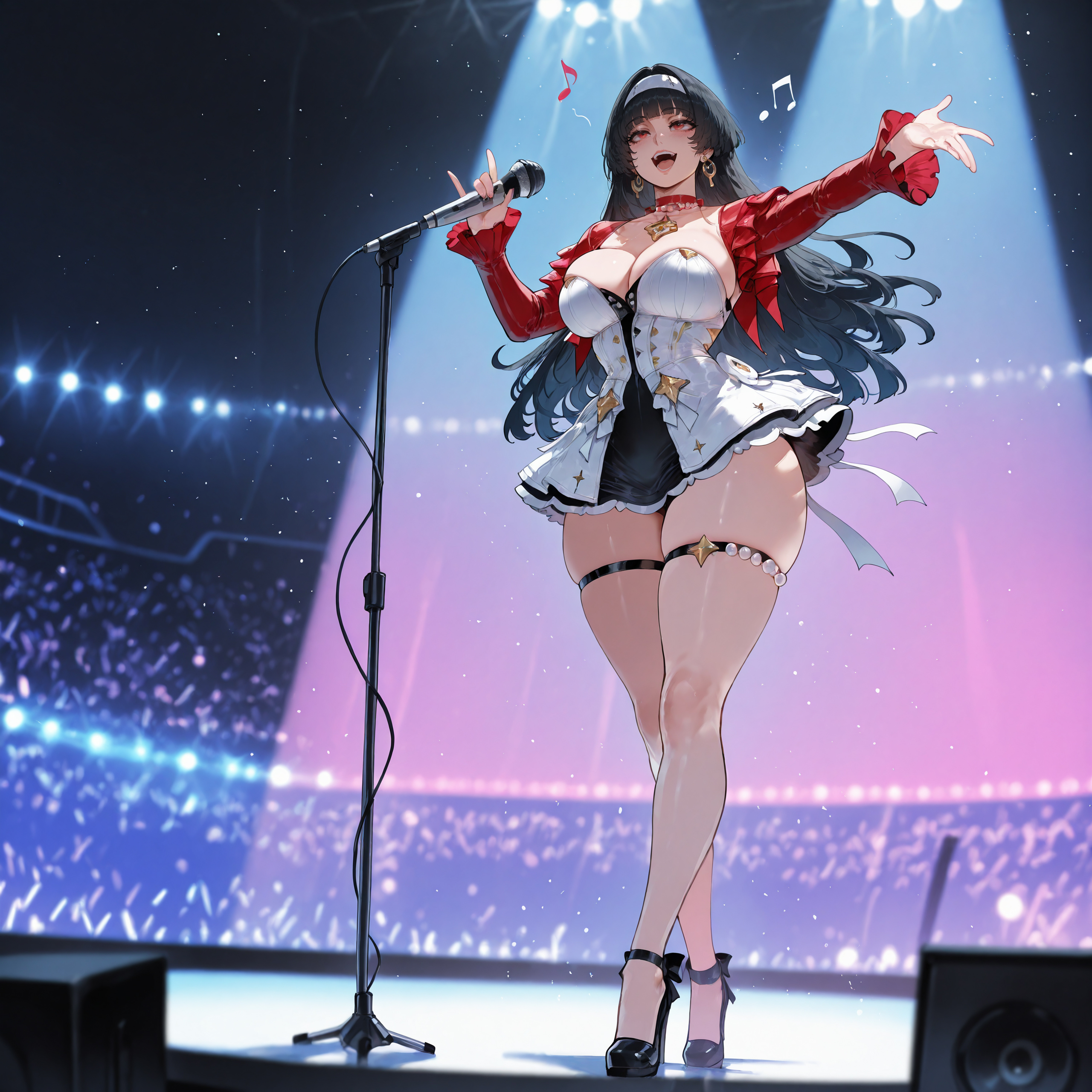 :d, 1girls, ai generated, astra yao, bangs, bare shoulders, black choker, black dress, black footwear, black hair, blush, boots, breasts, choker, cleavage, clothing, concert, cropped jacket, crossed legs, curvaceous, curvaceous female, curvaceous figure, curvy, curvy figure, dress, earrings, female, female focus, female only, footwear, frilled dress, frilled sleeves, frills, gloves, headwear, high heels, holding, holding microphone, holding object, hoop earrings, jacket, jewelry, large breasts, legs, legwear, long hair, long sleeves, looking at viewer, microphone, microphone stand, miniskirt, miyuai, musical note, necklace, night, open mouth, original, outstretched arm, red eyes, red jacket, shoes, short dress, singing, skindentation, skirt, sky, smile, solo, spotlight, stage, stage lights, standing, teeth, thick thighs, thigh strap, thighhighs, thighs, voluptuous, voluptuous female, white dress, white hairband, zenless zone zero