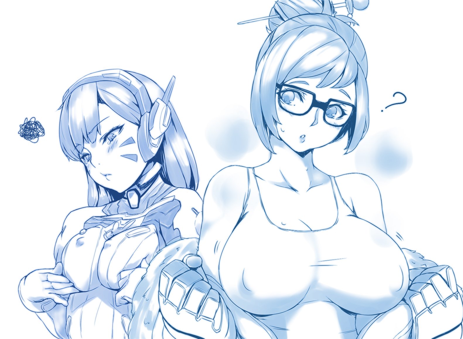 ?, 2girls, annoyed, bare shoulders, beads, blush, blush stickers, bodysuit, breast envy, breast press, breasts, breasts squeezed together, chestnut mouth, cleavage, coat, collarbone, covered erect nipples, crop top, d.va, facepaint, facial mark, female, fur, glasses, gloves, hair bun, hair ornament, hair stick, hairpin, headphones, large breasts, lips, long hair, long sleeves, mei (overwatch), monochrome, multiple females, multiple girls, overwatch, overwatch 2, pout, short hair, sidelocks, simple background, single hair bun, squiggle, tank top, undressing, whisker markings, white background, yui.h