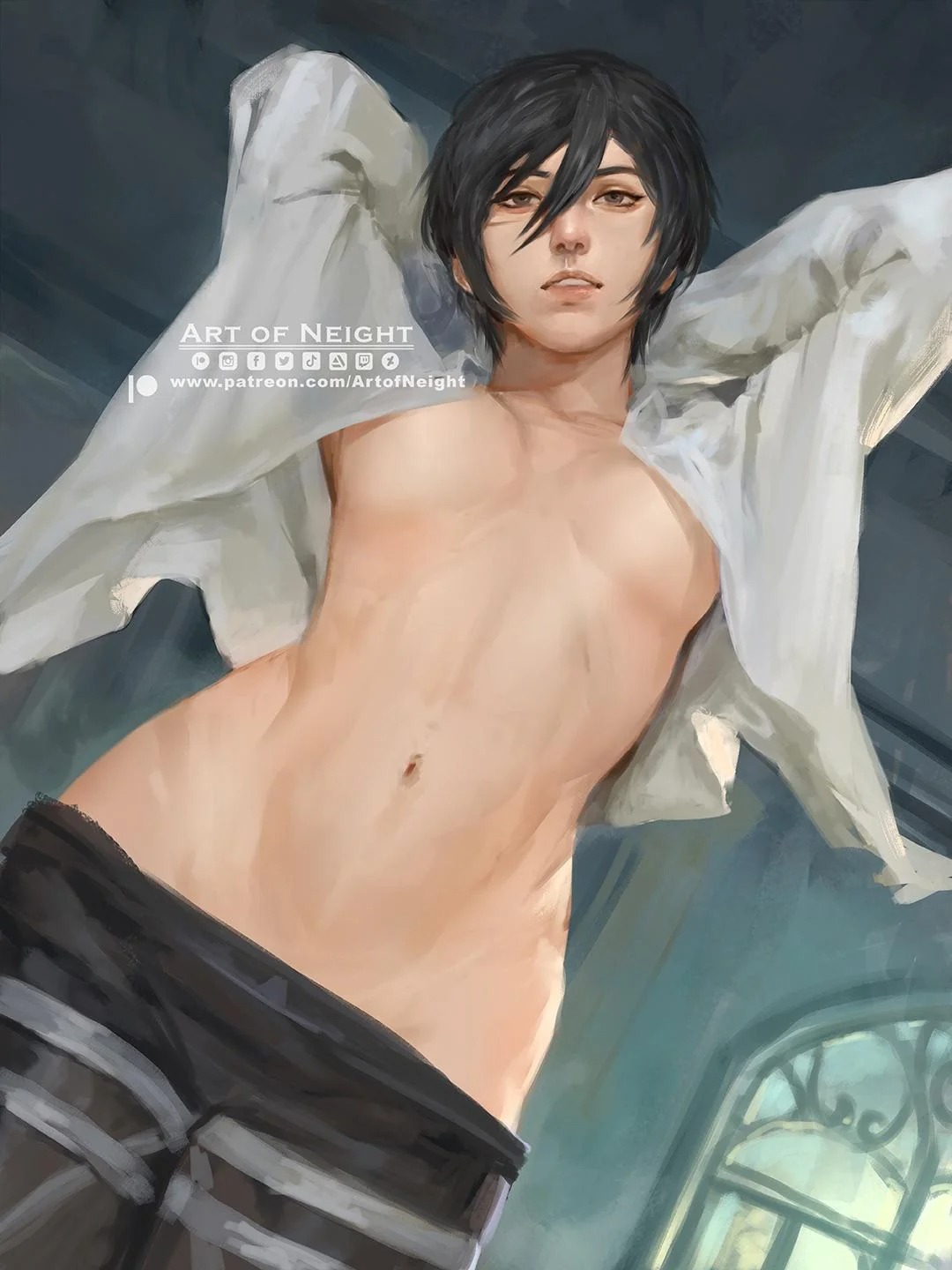 1girls, alternate version available, asian, asian female, attack on titan, black hair, breasts, curves, female, hands behind head, medium breasts, mikasa ackerman, neight, no bra, no panties, painting (artwork), pants, shingeki no kyojin, shirt, shirt open, short hair, solo, tagme, tease, tomboy, underboob, very short hair