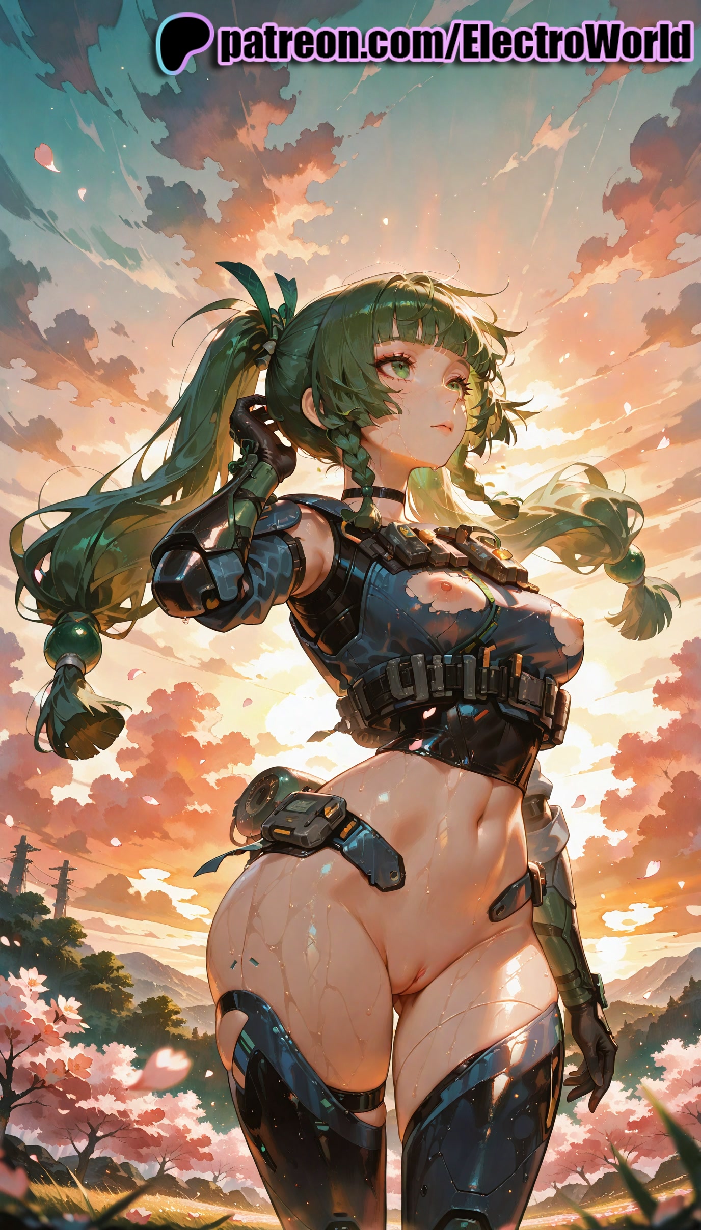 1girls, 2025, ai generated, artist name, autumn, braid, breasts, burning, bust, chest, clitoral hood, clitoris, cloud, cloudy sky, dusk, electroworld, embers, evening, explosion, exposed pussy, female, fire, gloves, gradient sky, green eyes, green hair, hi res, high quality, high resolution, highres, horizon, juicy pussy, long hair, mountain, mountainous horizon, navel, ocean, orange sky, outdoors, patreon, patreon username, purple sky, pussy, qingyi (zenless zone zero), red sky, sky, solo, stable diffusion, sun, sunrise, sunset, thigh gap, tight pussy, tree, twilight, twin braids, uncensored, vagina, watermark, wet, zenless zone zero