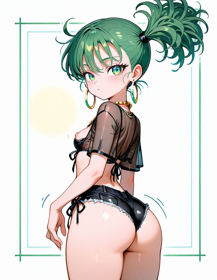1girls, ai generated, ass, back view, clothed, curly hair, female, green eyes, green hair, legs, one-punch man, short hair, shorts, tatsumaki, tied hair