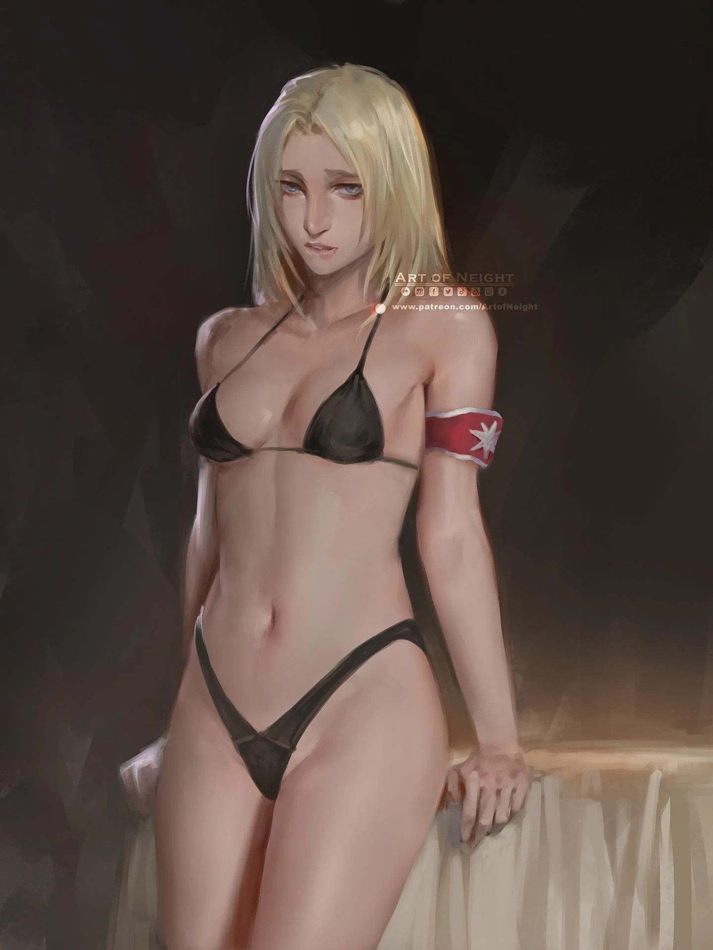 1girls, alternate version available, annie leonhardt, armband, armwear, attack on titan, belly button, biting lip, blonde female, blonde hair, blonde-haired female, blue eyes, clothing, eldian armband, eldian flag, female, female only, hair, human, looking at viewer, navel, neight, neightpainting (artwork), pale skin, simple background