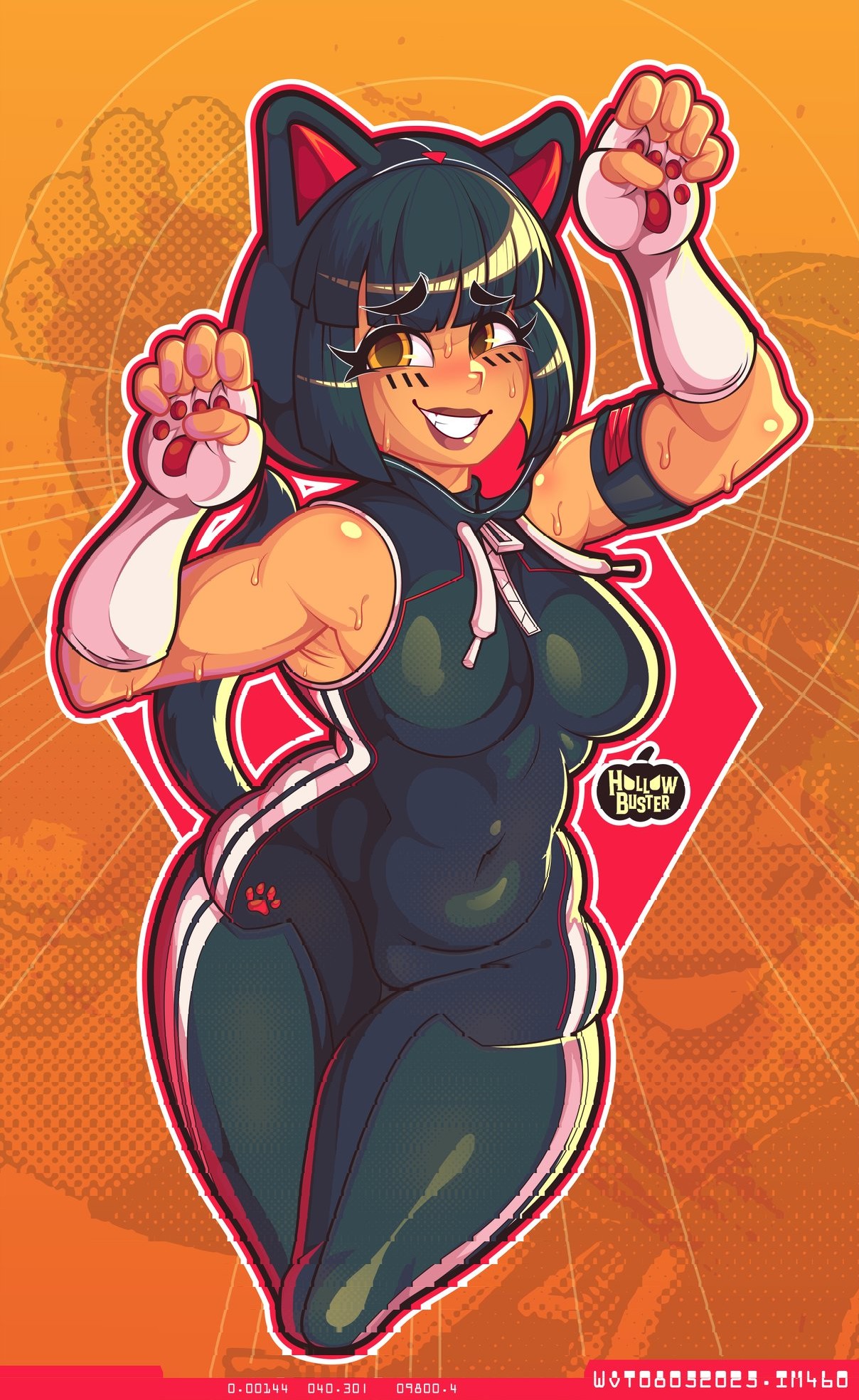 1girls, abs, agata (fortnite), armpits, black hair, blush, bob cut, cat ears, embarrassed, female, female focus, female only, fortnite, fortnite: battle royale, hollowbuster, nervous, nervous smile, nervous sweat, smiling, smiling at viewer, solo, sweat, sweating, tagme, tail, tight clothing, wide hips, yellow eyes