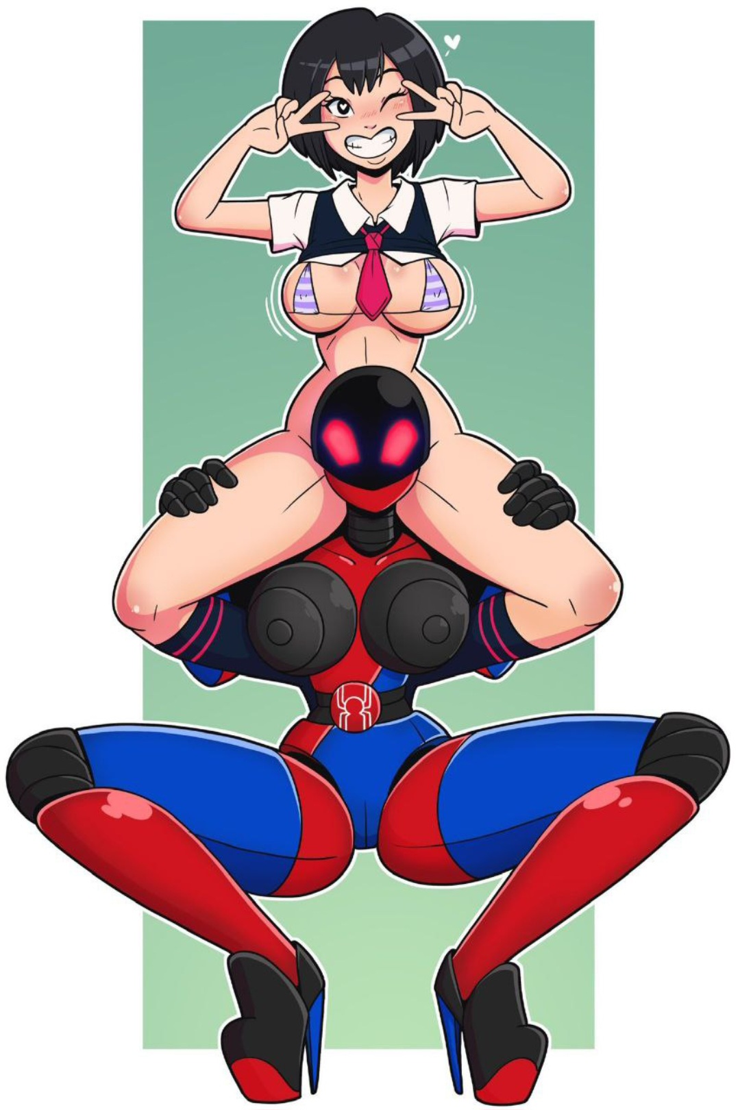 aged up, asian, bimbo, bimbofication, black hair, bra, breasts, female, female only, high heels, huge breasts, human, implied transformation, japanese, marvel, marvel comics, midriff, navel, one eye closed, pale skin, peni parker, peni parker (earth-14512), short hair, smile, sp//dr, spider-man (series), spider-man: into the spider-verse, tagme, thick thighs, transformation, v, wide hips, wrenzephyr2