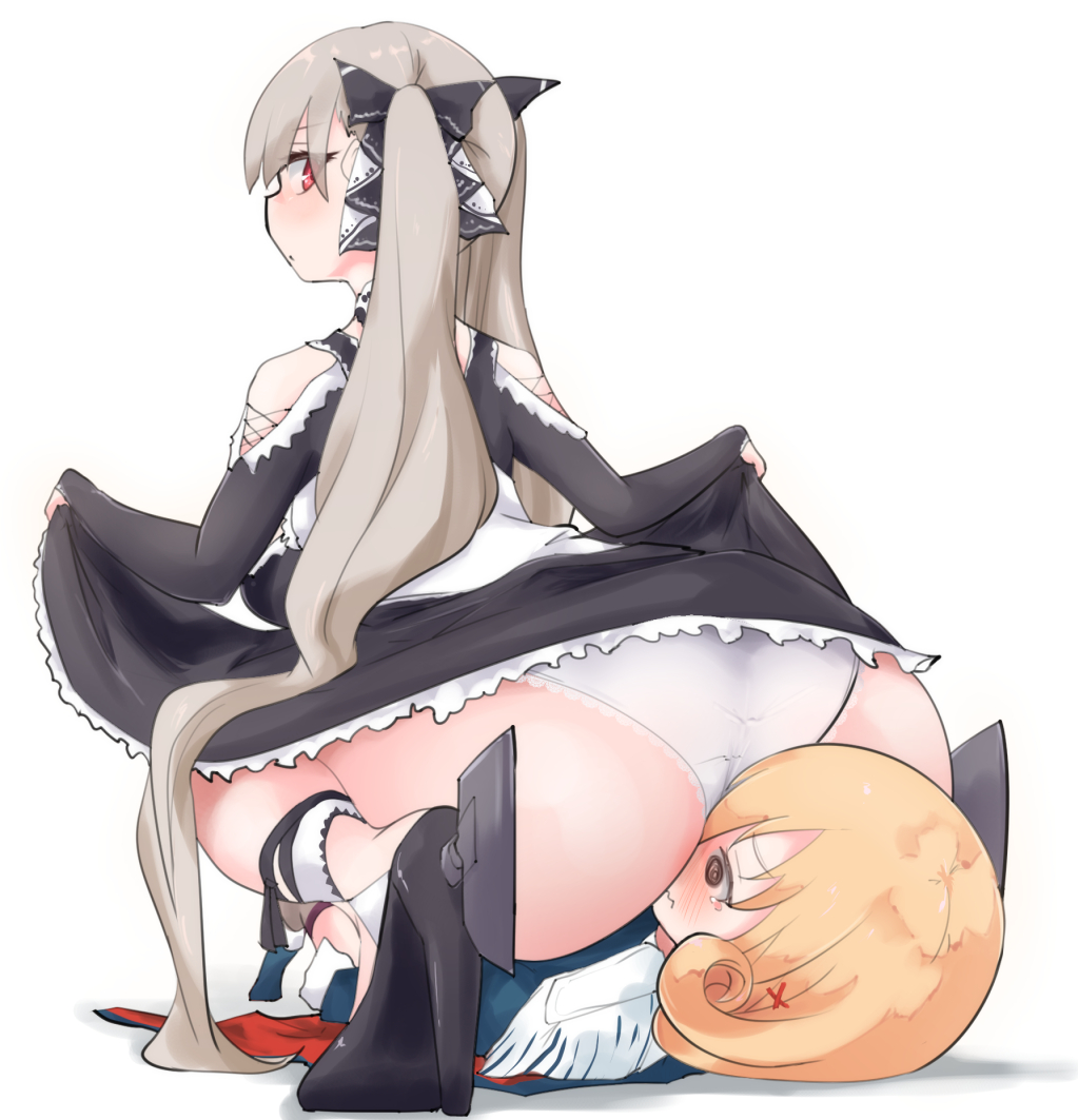 2girls, artist request, ass, ass on face, between ass, between buttocks, blonde hair, blush, bow, facesitting, female, high heels, maid uniform, panties, pink hair, red eyes, skirt, skirt lift, swirly eyes, thick ass, white background, white panties, yuri