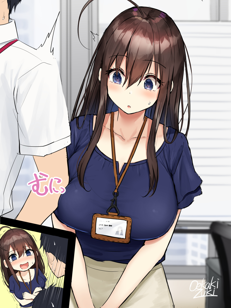 1boy, accident, ahoge, bangs, blue eyes, blue shirt, blush, breasts, brown hair, collarbone, collared shirt, commentary, dress shirt, embarrassed, eyebrows visible through hair, female, fully clothed, grey skirt, hair between eyes, highres, id card, lanyard, large breasts, long hair, male, oekakizuki, office lady, open mouth, original, pointy chin, shirt, short sleeves, sidelocks, skirt, sweat, tearing up, translated, trembling, white shirt