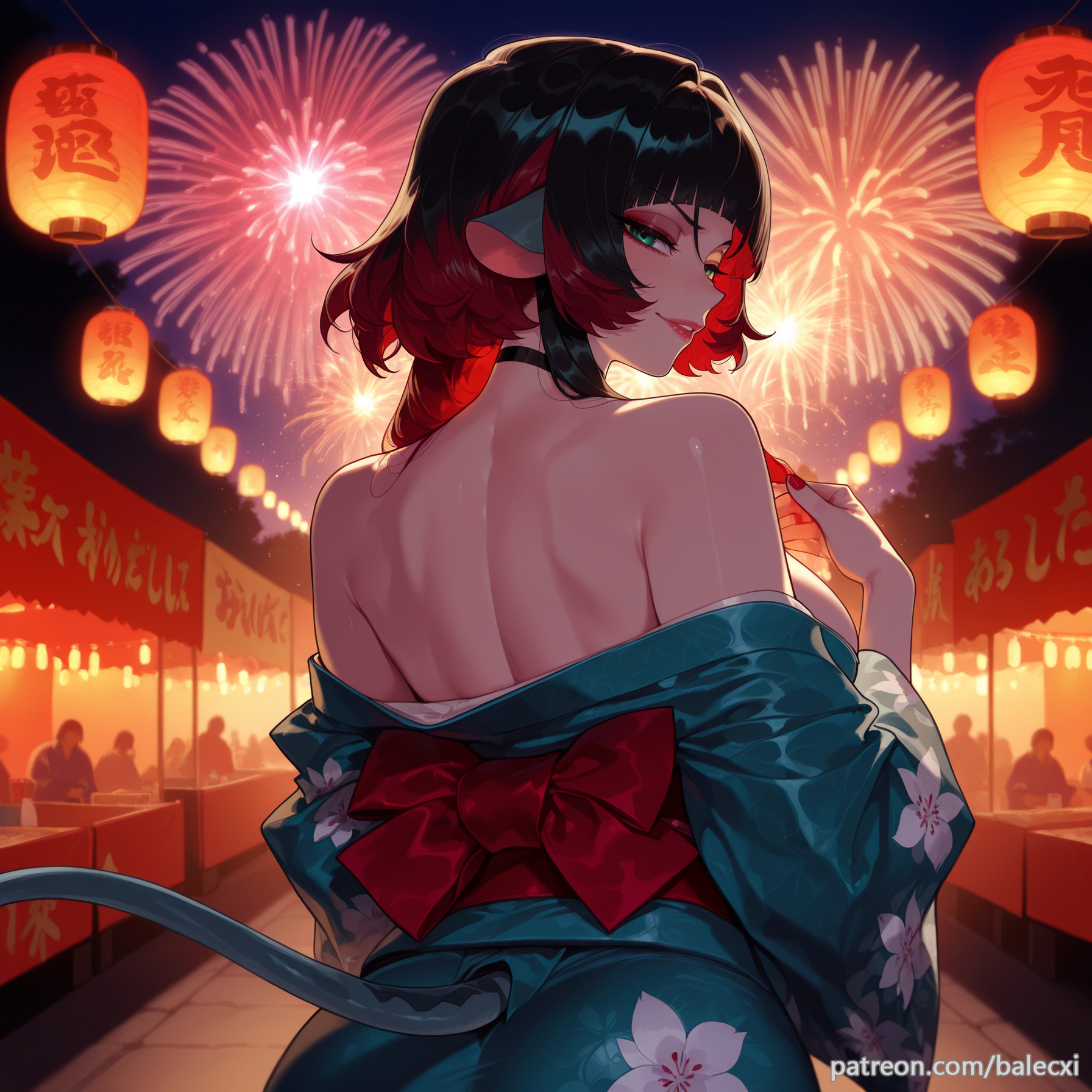 ai generated, animal ears, balecxi, bare shoulders, black choker, black hair, breasts, female, fireworks, from behind, green eyes, jane doe (zenless zone zero), japanese clothes, kimono, large breasts, looking at viewer, looking back, multicolored hair, patreon username, red hair, tail, zenless zone zero