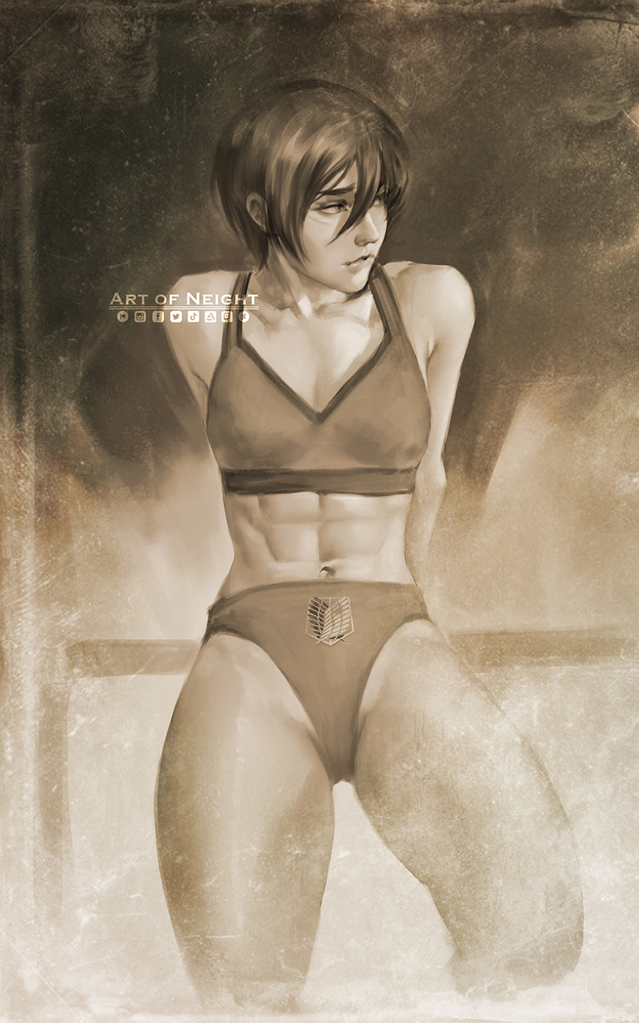 1girls, abs, asian, asian female, athletic female, attack on titan, biting lip, biting own lip, black hair, black-haired female, bra, chiseled abs, chiseled body, female, female abs, female focus, female only, fit, fit female, fully clothed, mikasa ackerman, muscular, muscular abdomen, muscular abs, neight, no pants, painting (artwork), panties, shingeki no kyojin, short hair, short-haired female, solo, solo female, solo focus, sports bra, sportswear, thick thighs, toned, underwear, very short hair, workout clothes