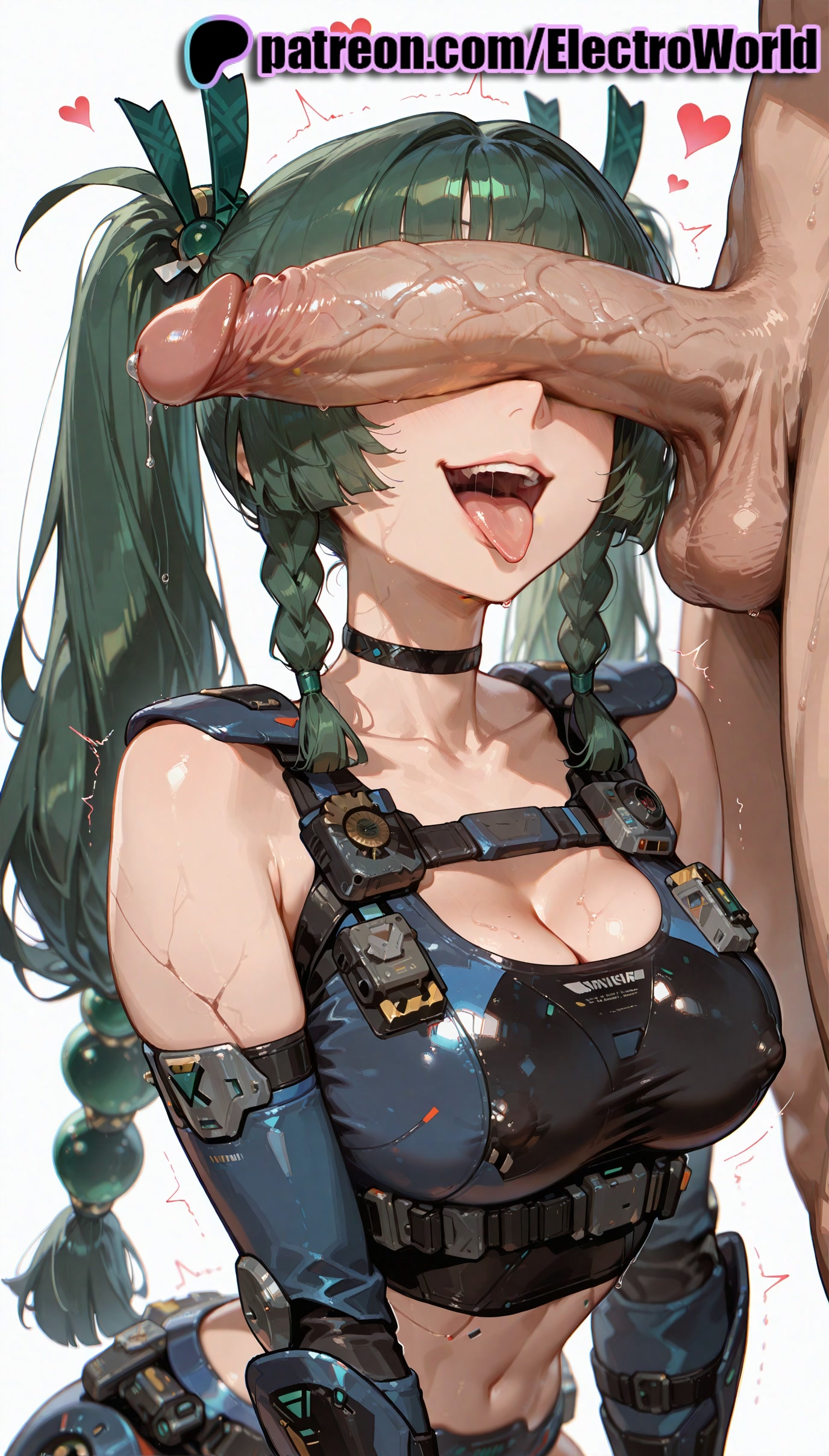 1boy, 1girls, 2025, ai generated, artist name, balls, braid, breasts, bust, chest, cleavage, cock, covered nipples, dick, electroworld, erection, female, gloves, green hair, heart, hi res, high quality, high resolution, highres, huge cock, large penis, long hair, male, navel, patreon, patreon username, penis, penis awe, penis on face, precum, qingyi (zenless zone zero), stable diffusion, straight, testicles, tongue, tongue out, trembling, twin braids, twitching penis, uncensored, veiny penis, watermark, zenless zone zero