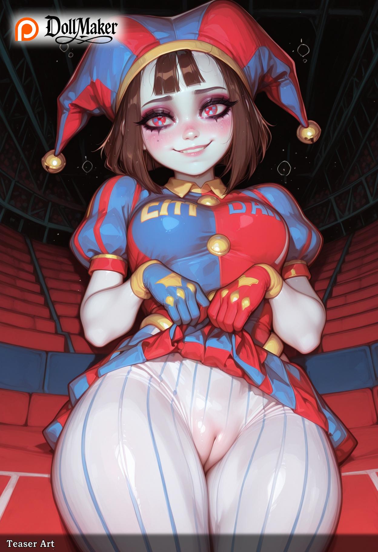 ai generated, bangs, blunt bangs, blush, breasts, brown hair, clothes lift, dollmaker, dollmaker (artist), female, gloves, hat, heart-shaped pupils, hypnosis, lifted by self, patreon logo, patreon username, pomni (the amazing digital circus), red eyes, short hair, smile, solo, symbol-shaped pupils, tagme, the amazing digital circus, thick thighs, watermark, web address
