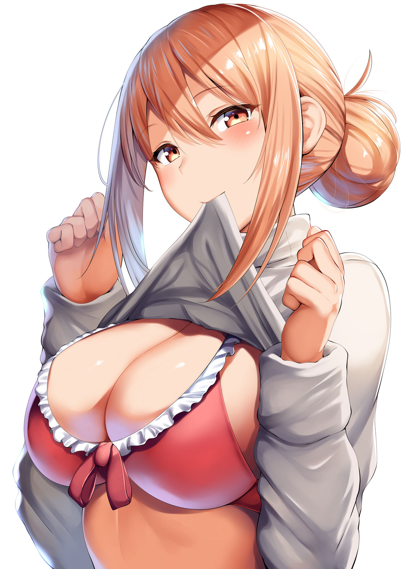 1girls, amber eyes, belko, big breasts, blush, bra, breasts, cleavage, female, female only, hair bun, lolicept, milf, my teen romantic comedy snafu, orange hair, shirt in mouth, skirt up, solo, solo female, solo focus, sweater, sweater lift, tagme, white background, yuigahama yui's mother