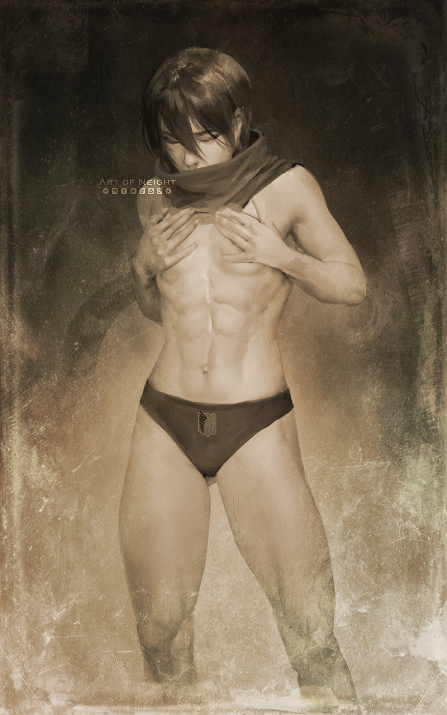 1girls, abs, asian, asian female, athletic female, attack on titan, black hair, black-haired female, breasts, chiseled abs, covering breasts, female, female abs, female only, fit female, mikasa ackerman, muscular, muscular abdomen, muscular abs, neight, shingeki no kyojin, short hair, short-haired female, solo, solo female, tagme, topless, topless female, underwear