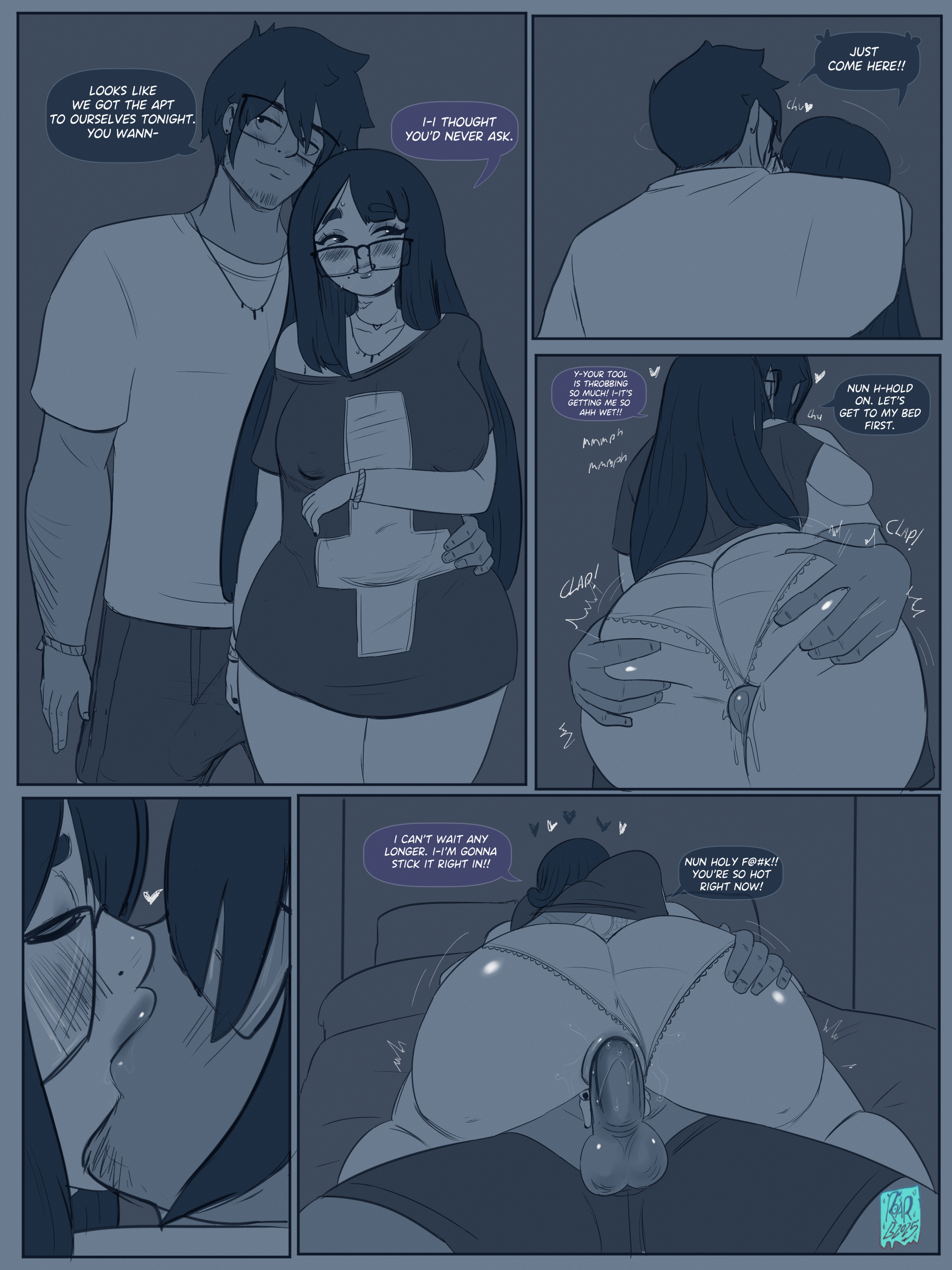 1boy, 1girls, ass, ass grab, balls, bespectacled, big ass, big balls, big breasts, big dick, big penis, black hair, breasts, chubby, chubby female, comfy, comic, couple, cozy, cute, dark room, english text, erection, female, female focus, fucking good and hard, glasses, grabbing, grabbing penis, hearts, hetero, kissing, kissing while penetrated, large penis, long hair, loose clothes, love, male, missionary, missionary position, missionary sex, monochrome, motion lines, nerd, nerdy female, nun cheli (roarbutter), on bed, original, panties, panties aside, penis, pussy, roarbutter, romantic, romantic couple, rough sex, sex, shirt, shirt lift, shirt up, straight, thick thighs, thigh fuck, thigh sex, thighs, vagina, vaginal penetration, voluptuous, voluptuous female, wet, wet pussy, wholesome, wide hips