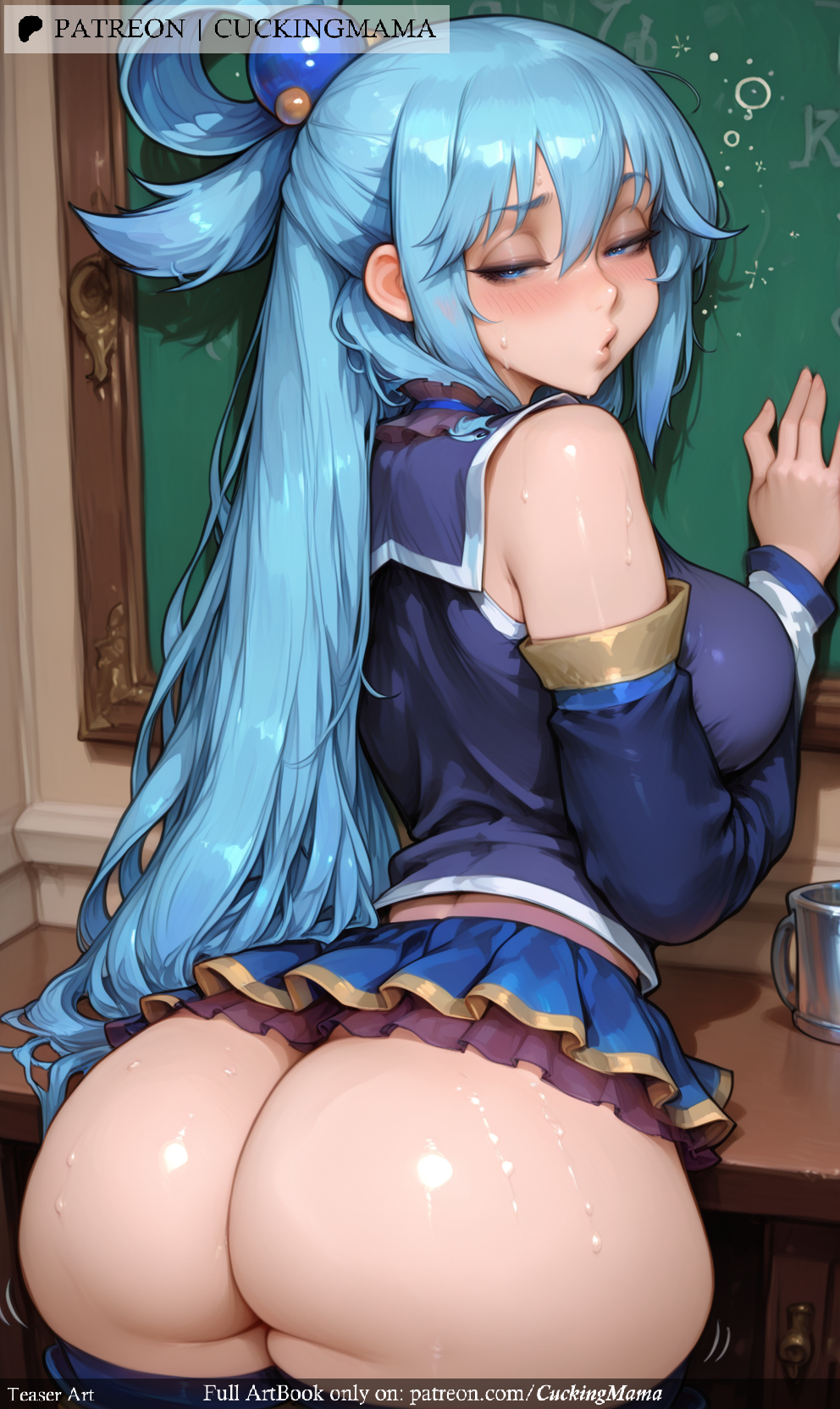 ai_generated alcohol aqua_ ass bare_shoulders beer_mug blue_eyes blue_hair blue_skirt blush boots breasts cuckingmama cup detached_sleeves drunk female hair_between_eyes hair_ornament hair_rings half-closed_eyes indoors kono_subarashii_sekai_ni_shukufuku_wo! large_breasts long_hair looking_at_viewer medium_breasts mug no_panties sake_bottle shiny shiny_skin skirt solo sweat tagme thigh_boots thighhighs track_suit very_long_hair