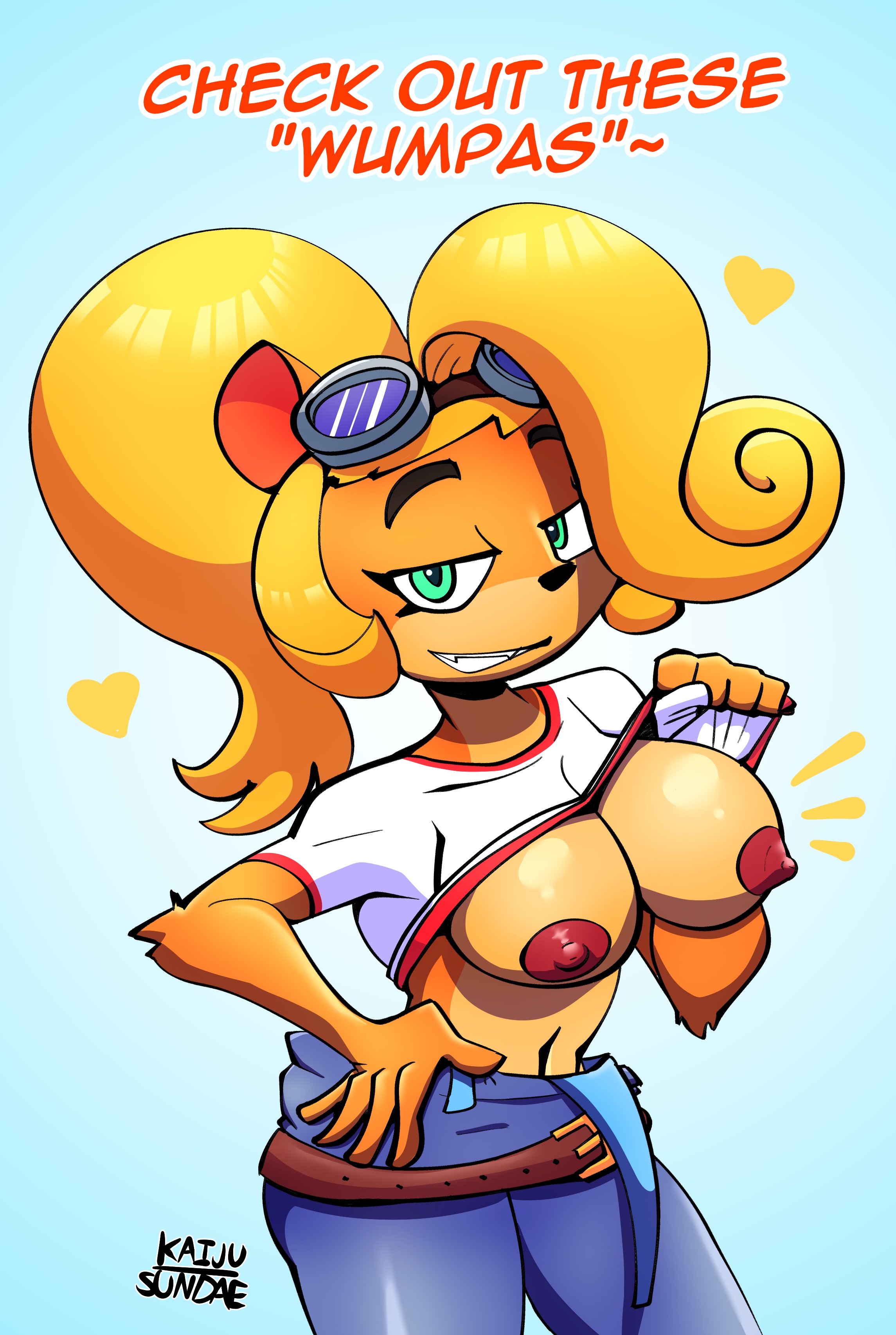 1girls, 5 fingers, anthro, anthrofied, areola, areolae, bandicoot, belt, big areola, big areolae, big breasts, big nipples, blonde, blonde hair, breasts, cleavage, coco bandicoot, crash (series), crash bandicoot (series), crash bandicoot 4: it's about time, dark nipples, dialogue, english text, erect nipples, exposed breasts, exposure, female, female focus, female only, flashing, furry, furry focus, furry only, goggles, goggles on head, green eyes, huge breasts, jeans, kaijusundae, lifting shirt, long hair, mostly clothed, navel, nipples, no bra, overalls, pants, ponytail, shirt, shirt lift, showing off, smile, smirk, solo