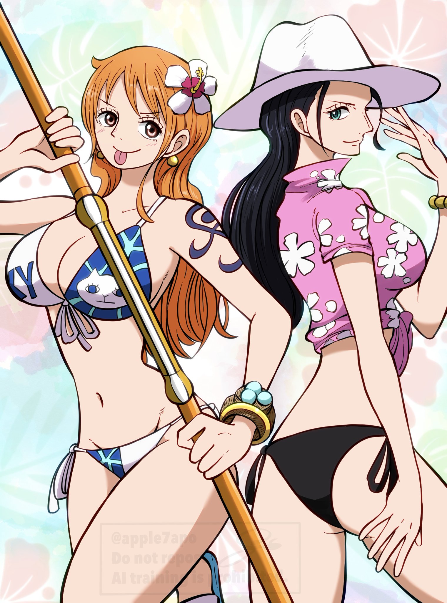 2girls, apple7apo, arm tattoo, big breasts, bikini, bikini bottom, black hair, black-haired female, blue tattoo, breasts, busty, cleavage, clima-tact, clothing, cropped shirt, curvy, female, female only, flower in hair, hat, nami (one piece), nico robin, one piece, one piece film gold, orange hair, orange-haired female, pose, straw hat pirates, tattoo, tongue, tongue out