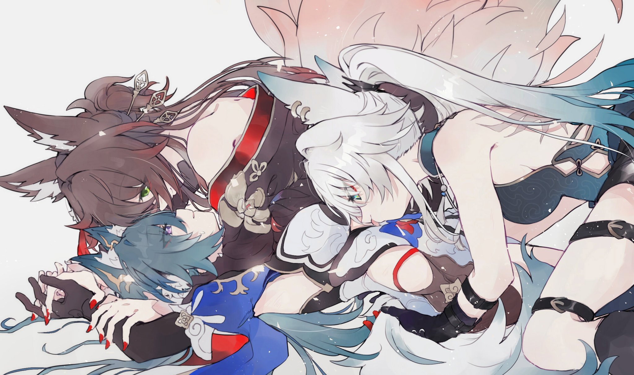 3girls, feixiao (honkai: star rail), female, femdom, fugue (honkai: star rail), fully clothed, highres, honkai (series), honkai: star rail, hoyoverse, licking, mihoyo, tingyun (honkai: star rail), yukong (honkai: star rail), yuri