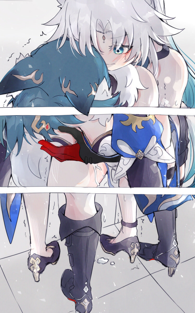 2girls, blush, boob grab, boob squish, breasts, cum, dripping, feixiao (honkai: star rail), female, femdom, fully clothed, futanari, highres, honkai (series), honkai: star rail, hoyoverse, mihoyo, sex, yukong (honkai: star rail), yuri