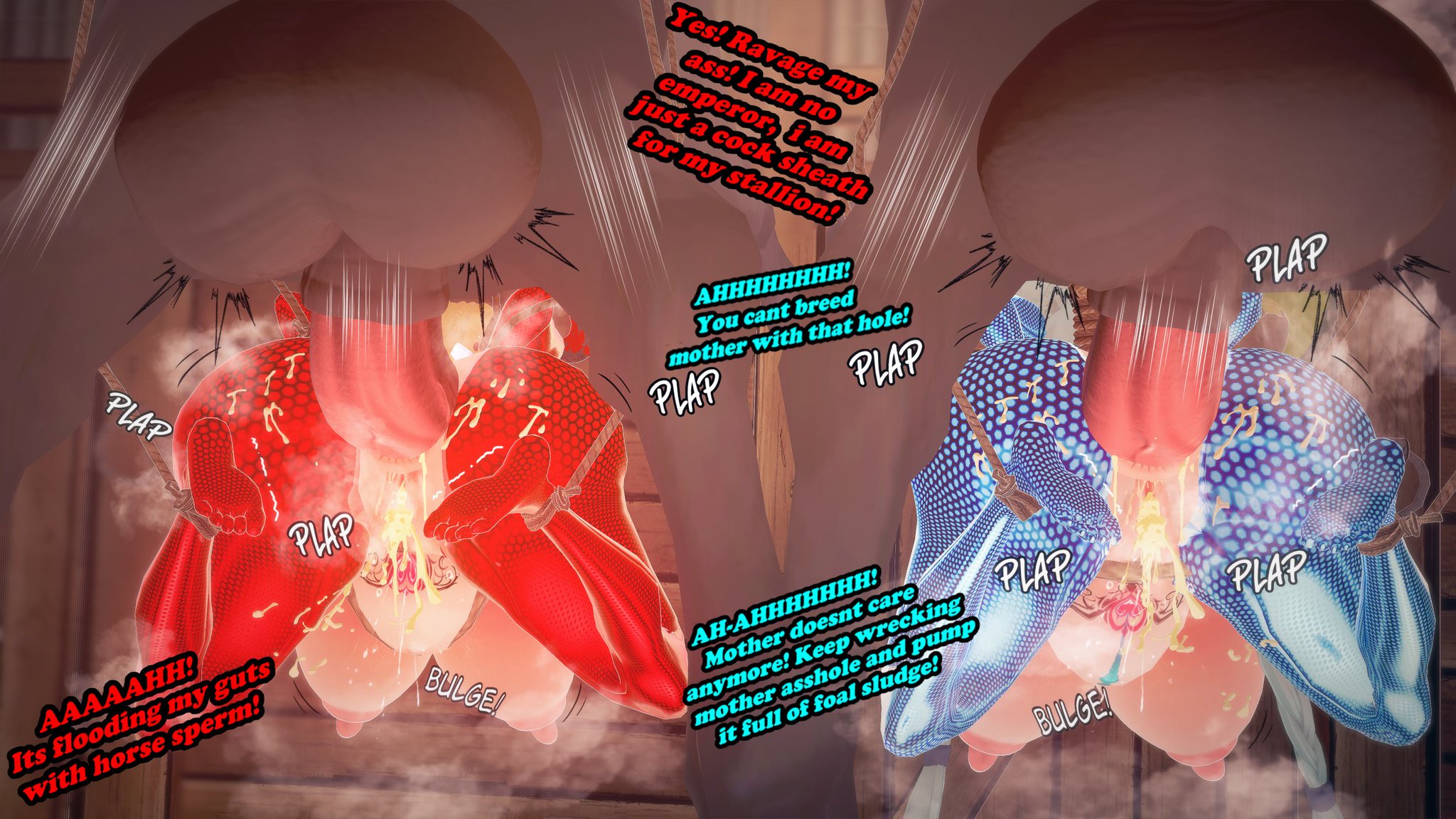 2girls, 2horses, anal, anal sex, baobabz, blue clothing, cum in pussy, cumming in ass, demon, demon girl, dirty talk, dragon girl, english text, fate/grand order, female, fucked from behind, goddess, horse, horsecock, mother (lore), pussy, queen draco (third ascension) (fate), red clothing, requesting domination, sex, succubus tattoo, text, tiamat (fate), tied legs, uncensored, zoophilia