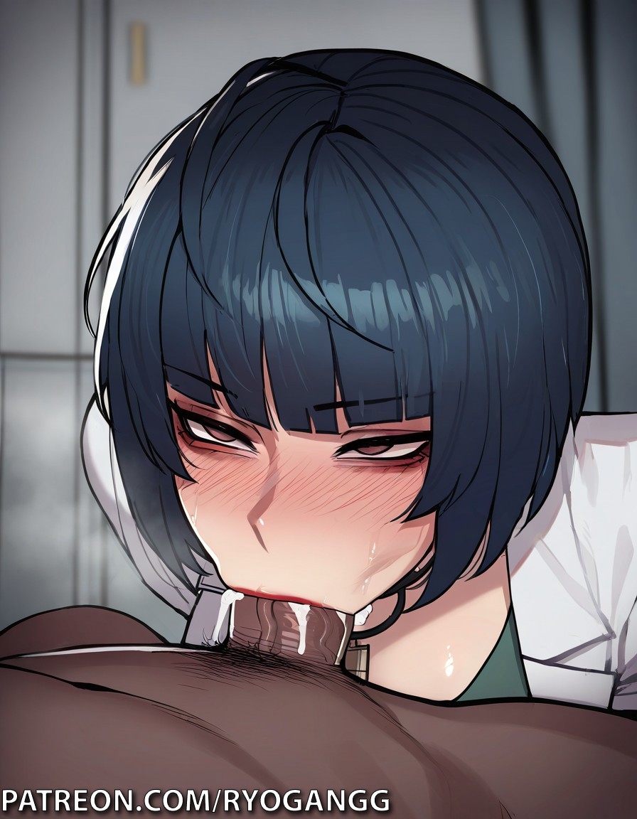 1female 1girls 2d 2d_(artwork) ai_generated bbc blowjob blowjob_face blue_hair brown_eyes dark-skinned_male dark_blue_hair deepthroat doctor dress lab_coat labcoat light-skinned_female light_skin looking_at_viewer patreon patreon_username persona persona_5 ryogangg short_hair tae_takemi