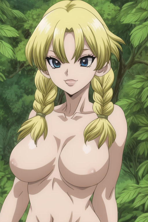 1girls ai ai_generated blonde_female blonde_hair blonde_hair blonde_hair_female blue_eyes breasts close-up close_up dr.stone female female_focus female_only forest hanada_nikki looking_at_viewer naked naked_female navel nipples nude nude_female quinzo11 self_upload twin_braids