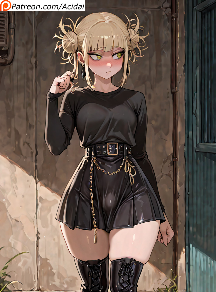 1futa, abs, acidai, ai generated, blonde hair, bulge, covered abs, crazy eyes, female, futa only, futanari, goth, goth futa, himiko toga, intersex, light skin, light-skinned futa, loose shirt, my hero academia, sidelocks, skirt, thick ass, thick thighs, thighhighs, tied hair, tight clothing, yellow eyes