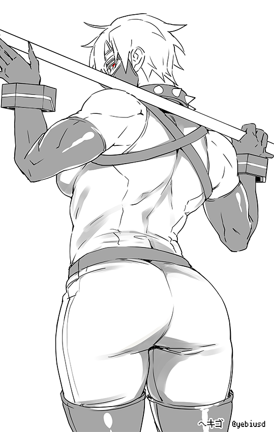13_thirteen 1boy bara bara_tiddies bara_tits barazoku big_ass big_butt big_butt_(male) big_pecs bitch_bara child_bearing_hips choker compass_(game) gay hekigo looking_at_viewer looking_back male muscular muscular_male pecs pectorals red_eyes thighhighs white_background white_hair white_skin yaoi