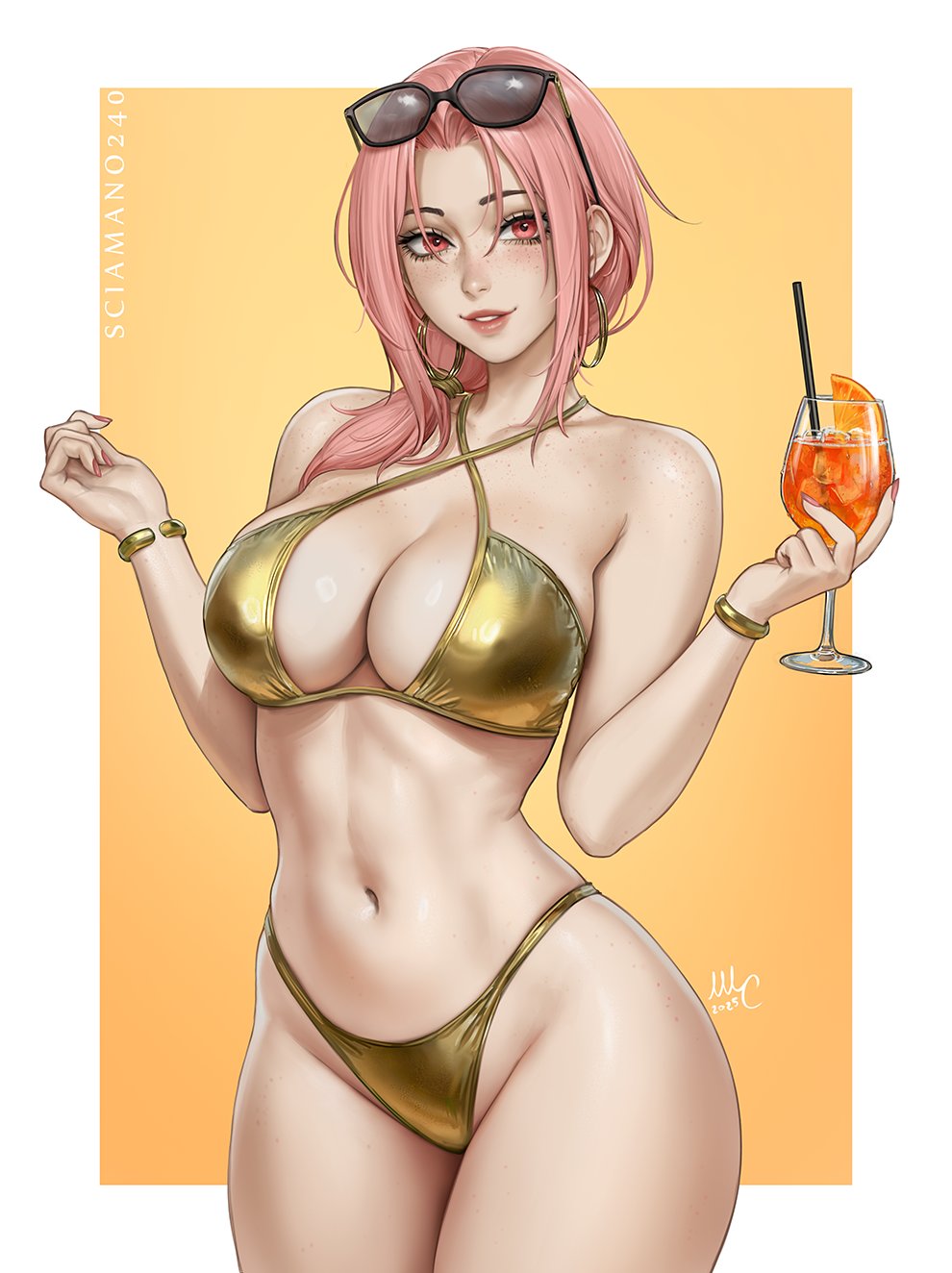 bare midriff, bare shoulders, bare thighs, bikini, bikini bottom, bikini top, chloe (sciamano240), cocktail, earrings, glasses, glasses on head, golden bikini, golden earrings, golden week, long hair, looking at viewer, mirco cabbia, oc, original, pink eyes, pink hair, pink nail polish, pink nails, sciamano240, signature, smile, smiling, smiling at viewer, twitter username, wide hips