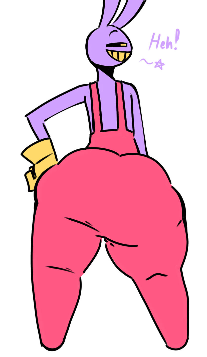 1boy, 2d, 2d artwork, ahiddenaccount, ass, ass focus, ass through clothes, big ass, big butt, bubble butt, butt, clothes, cocky, fat ass, fully clothed, furry, furry only, glitch productions, gloves, grin, grinning at viewer, hand on hip, jax (the amazing digital circus), looking at viewer, looking back, looking back at viewer, looking over shoulder, male, male only, no sex, nonhuman, overalls, purple body, rabbit, smile, smirk, smug, solo, solo male, text, the amazing digital circus