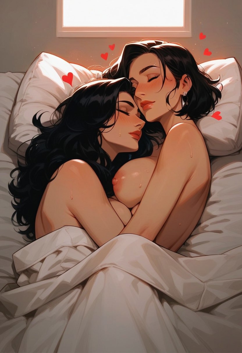 2girls, ai generated, big breasts, black hair, breasts, charv, female, female only, female/female, heart, hearts, hearts around head, kaori (charv), lesbian couple, long hair, married couple, milf, multiple females, multiple girls, nude, nude female, on bed, selene (charv), short hair, sleeping, smile, wife and wife, yuri
