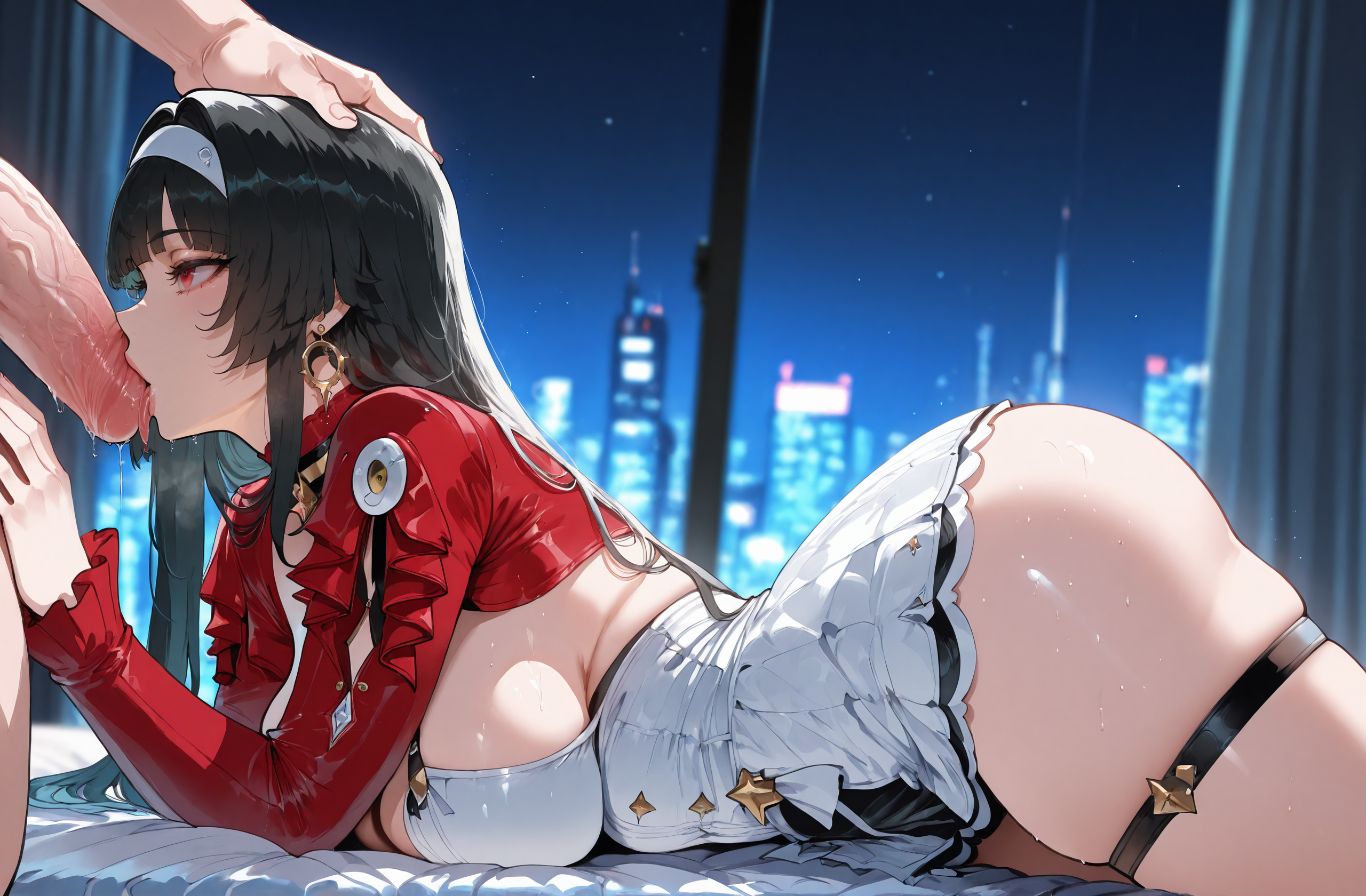 1boy, 1girls, ai generated, all fours, ass, astra yao, balls, bangs, bare shoulders, bed, bed sheet, black hair, blush, breasts, choker, cityscape, cleavage, clothed female, clothed female nude male, clothing, curvaceous, curvaceous female, curvaceous figure, curvy, curvy figure, dress, earrings, erection, fellatio, female, female focus, gloves, hair ornament, hairband, hand on another's head, headwear, indoors, jewelry, large breasts, large penis, legwear, licking, light skin, light-skinned female, long hair, long sleeves, lying, male, miyuai, night, night sky, nipples, nude, nude male, on bed, on stomach, oral, penis, pillow, precum, red eyes, saliva, sex, sideboob, sidelocks, skindentation, sky, solo focus, straight, sweat, testicles, thigh strap, thighhighs, thighs, tongue, tongue out, veins, veiny penis, voluptuous, voluptuous female, white dress, white hairband, window, zenless zone zero