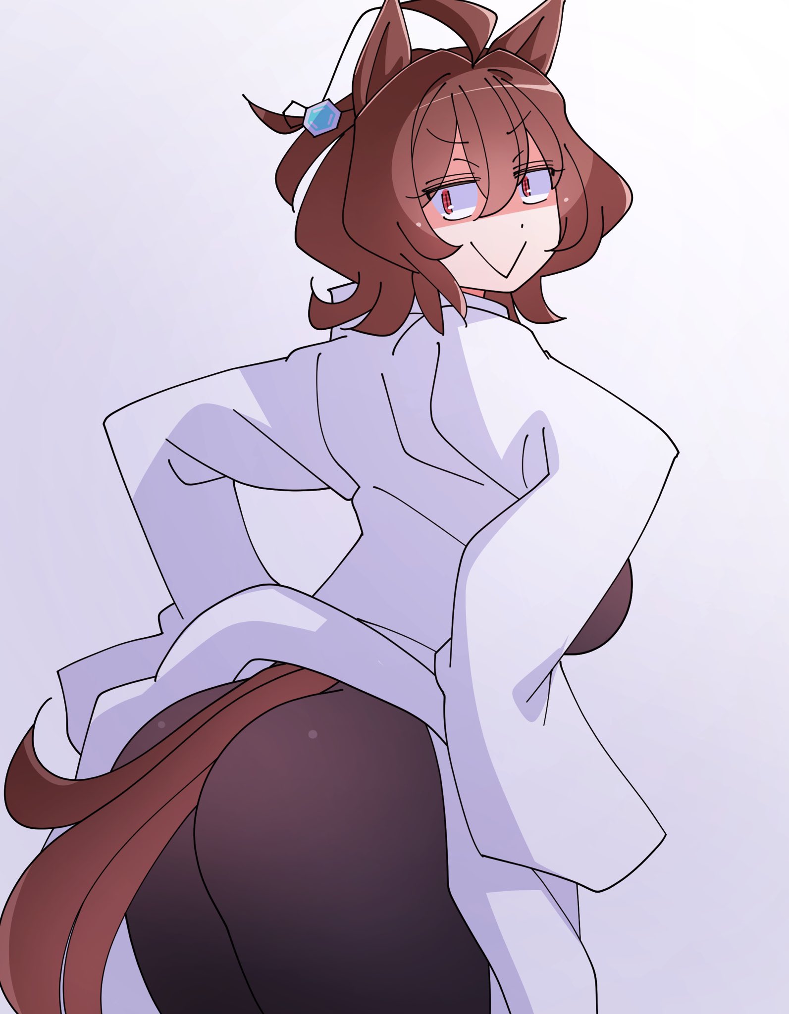 :>, 1girls, 2026, agnes tachyon (umamusume), animal ears, ass, back view, black clothing, breasts, brown hair, color, colored, female, hi res, horse ears, huge thighs, kaijin debeso, legwear, light skin, light-skinned female, looking back, mouth closed, pantyhose, red eyes, simple background, solo, tail, thick thighs, thighs, umamusume, umamusume pretty derby, viewed from behind, white background, white skin