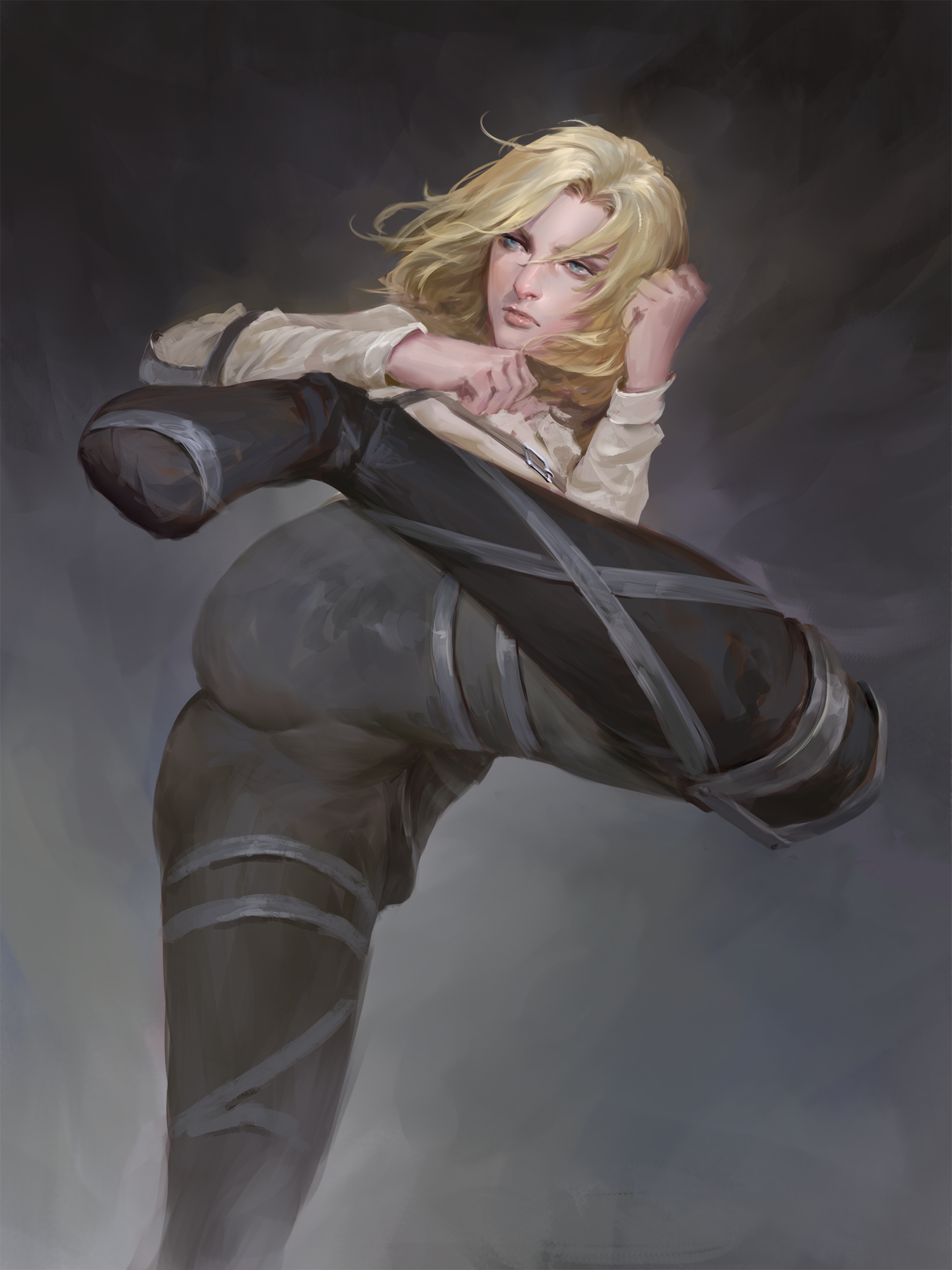 1girls, alternate version available, annie leonhardt, attack on titan, blonde female, blonde hair, blonde-haired female, blue eyes, female, female only, fighting pose, kicking, neight, one leg up, shingeki no kyojin, solo, tagme