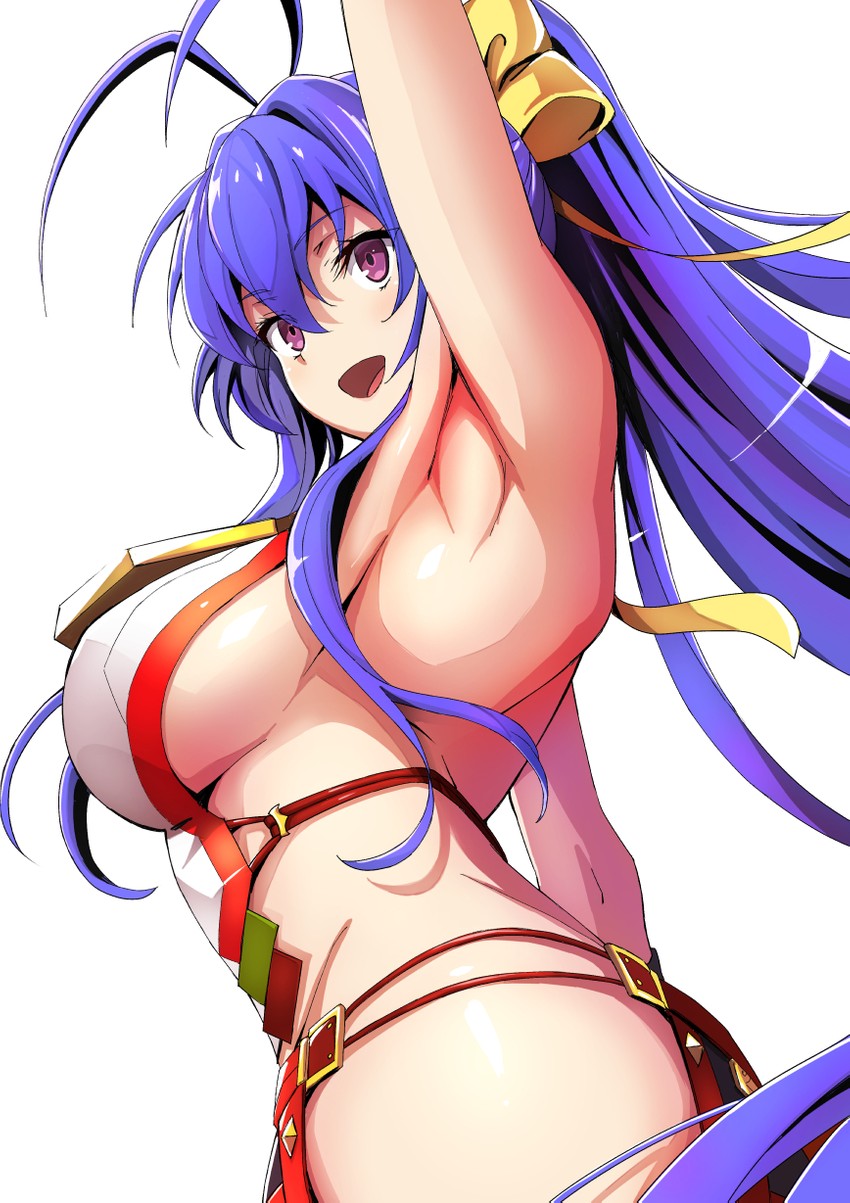 1girls 2020 :d antenna_hair arm_up armpits backless_outfit bangs blazblue blazblue:_central_fiction blazblue_variable_heart blue_hair blush bow breasts canon_genderswap cowboy_shot female from_side hair_between_eyes hairbow halter_top halterneck highres large_breasts long_hair looking_away looking_to_the_side lowleg lowleg_pants mai_natsume open_mouth pants purple_eyes revealing_clothes sayoi sideboob simple_background smile solo very_long_hair white_background yellow_bow