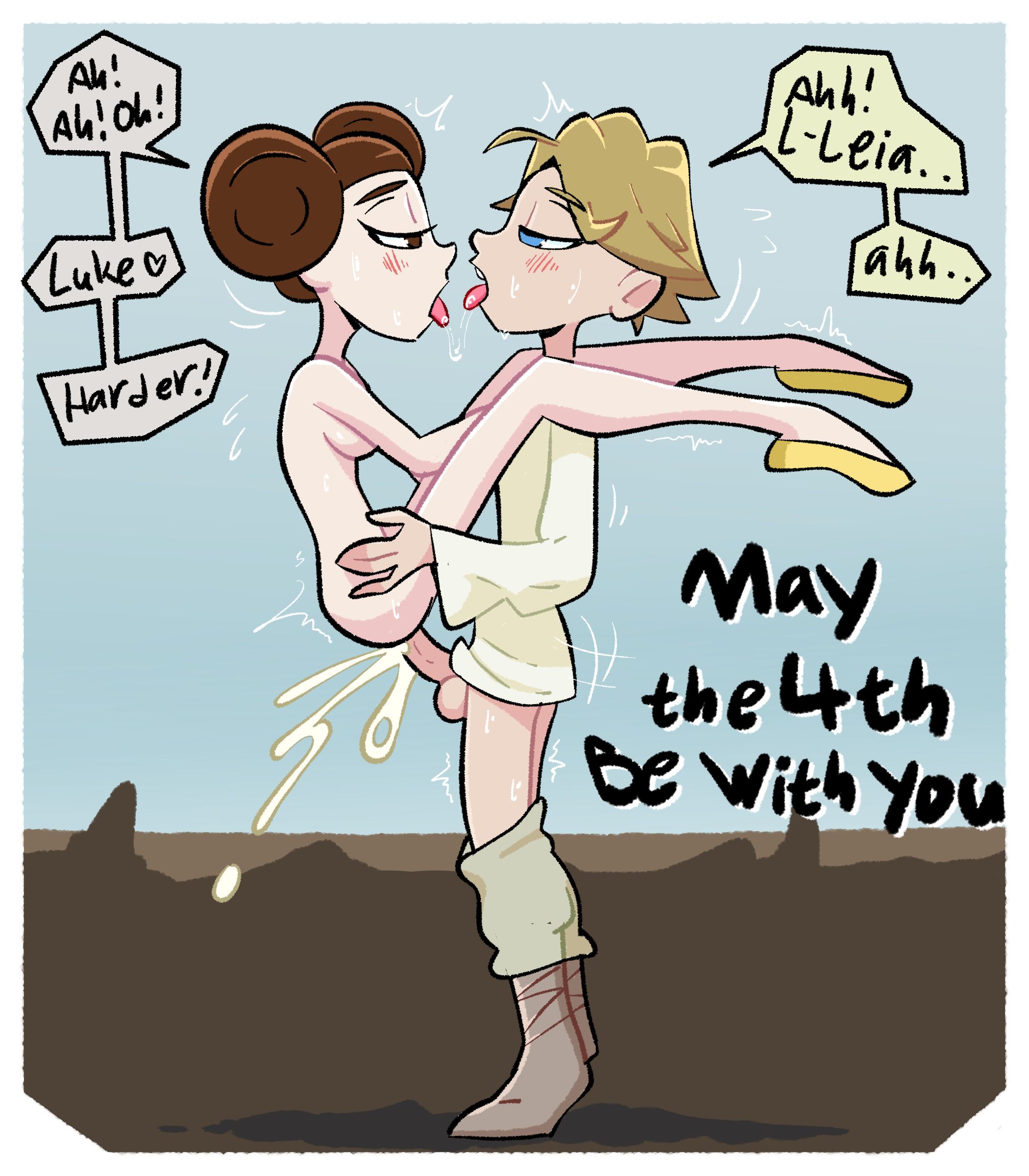 1boy, 1girls, accidental incest, after kiss, ambiguous penetration, blightstar, blonde hair, blush, brother and sister, brown hair, clothed male nude female, consensual incest, cum, cum inside, dialogue, english text, female, hair bun, half-closed eyes, hand on hip, incest, jedi, lifting person, luke skywalker, male, may the 4th be with you, naked female, princess leia organa, saliva, saliva trail, shoes only, side view, speech bubble, standing, star wars, tagme, tongue, tongue out, upright straddle