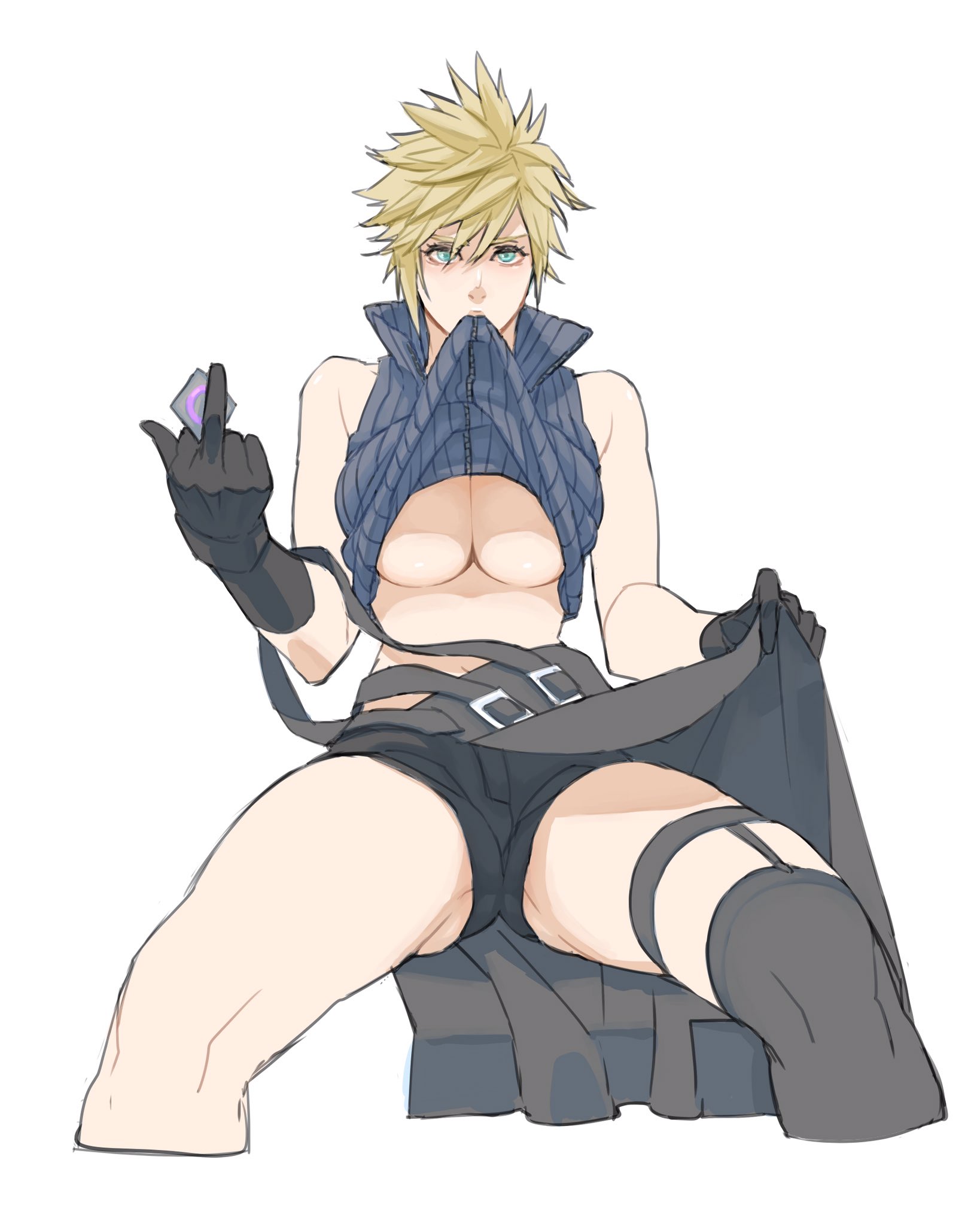 2020, belt, big breasts, blonde hair, blue eyes, breasts, clothed, cloud strife, cloudette strife, condom, female, final fantasy, final fantasy vii, genderswap, gloves, hi res, highres, middle finger, rule 63, shorts, solo, spread legs, thighhighs, thunder head