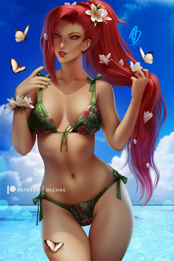 1girls 2d batman_(series) beach bikini breasts butterfly cleavage dc dc_comics female female_only flower flower_bracelet green_nails hair_flower nail_polish olchas outside pamela_isley pinup poison_ivy solo water